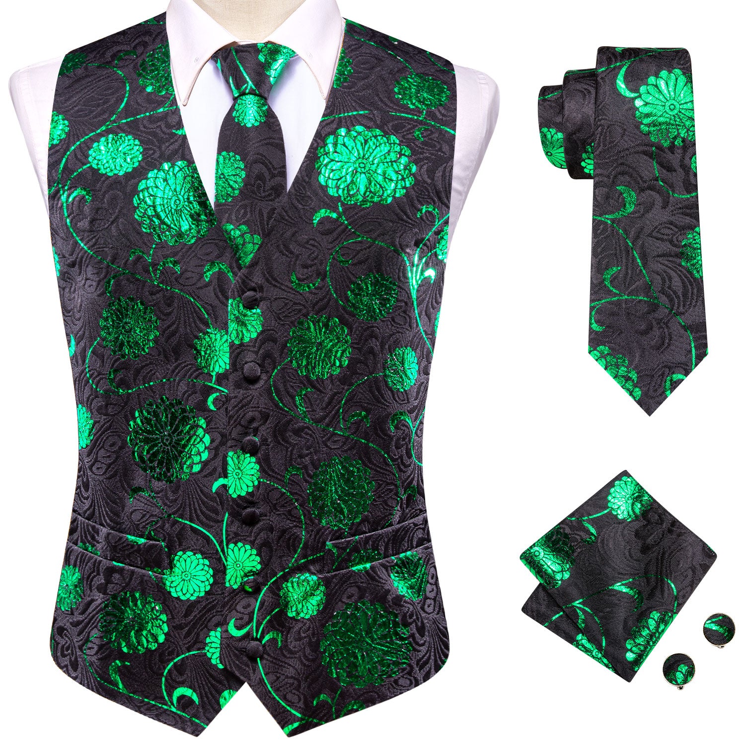 Black Green Floral Men's Vest Hanky Cufflinks Tie Set