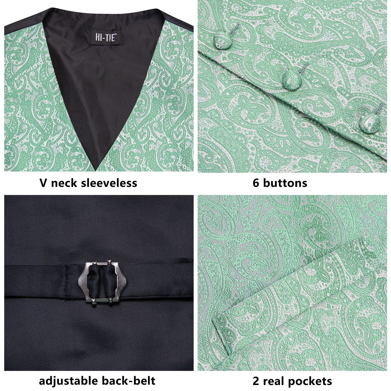 Mint Green Paisley Men's Vest Hanky Cufflinks Tie Set