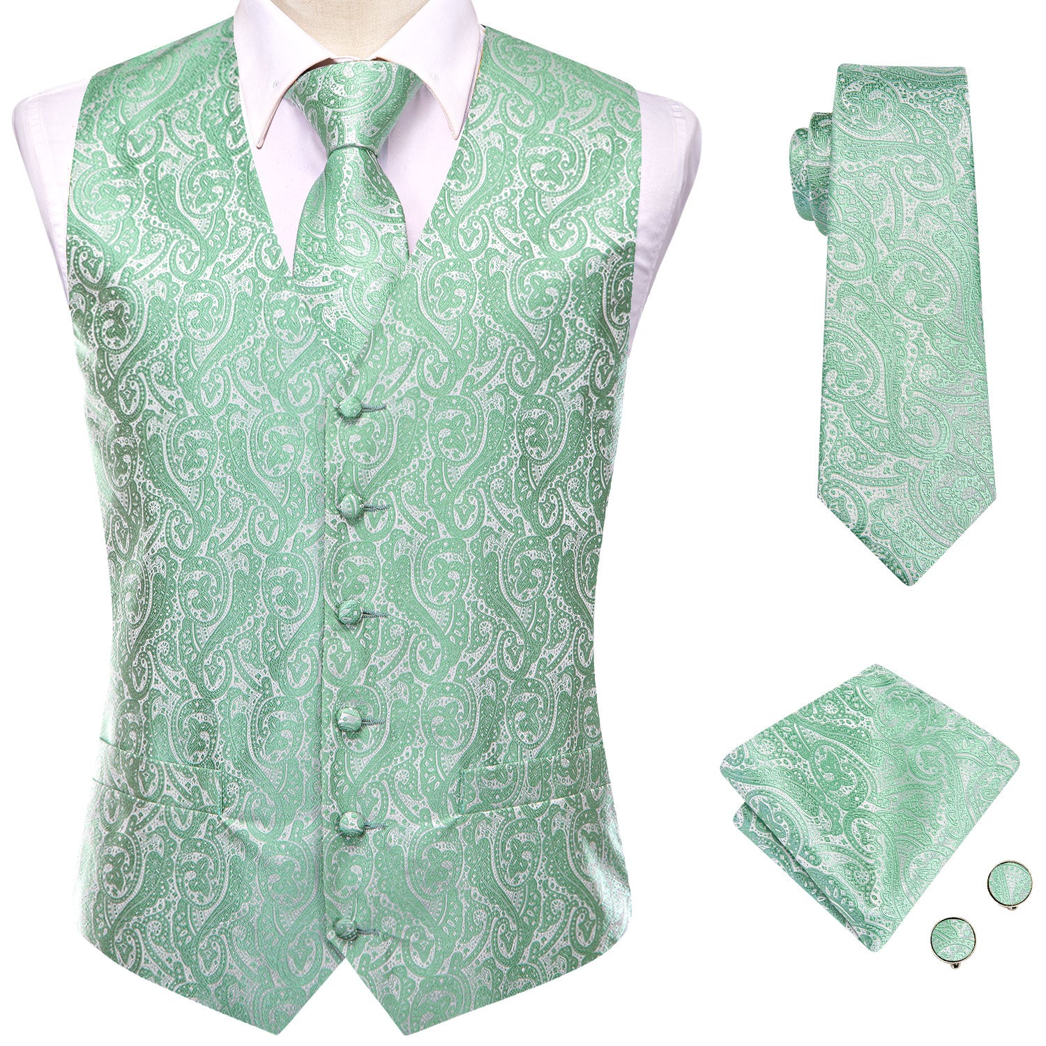 Mint Green Paisley Men's Vest Hanky Cufflinks Tie Set