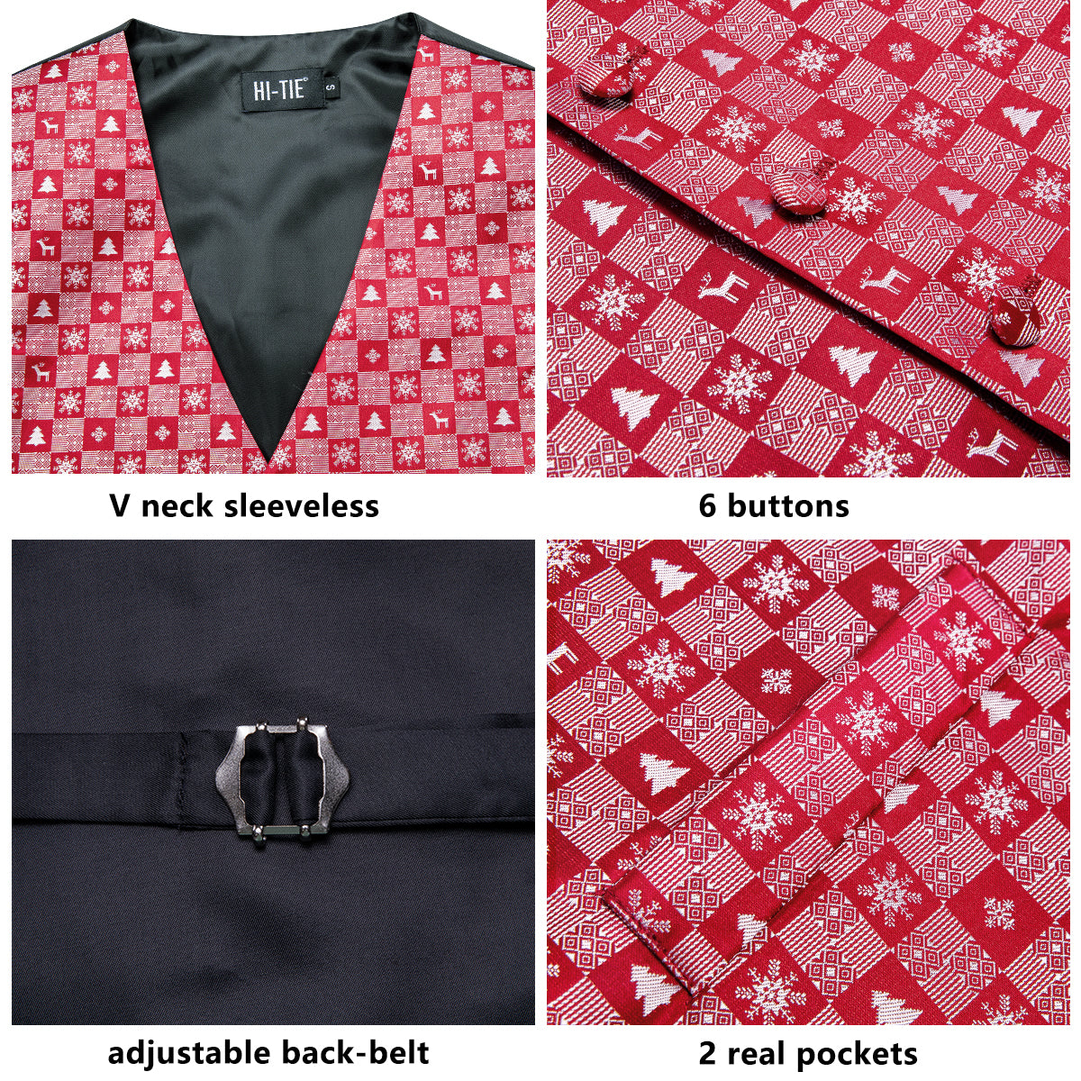 Christmas Red White Novelty Pattern Men's Vest Hanky Cufflinks Tie Set