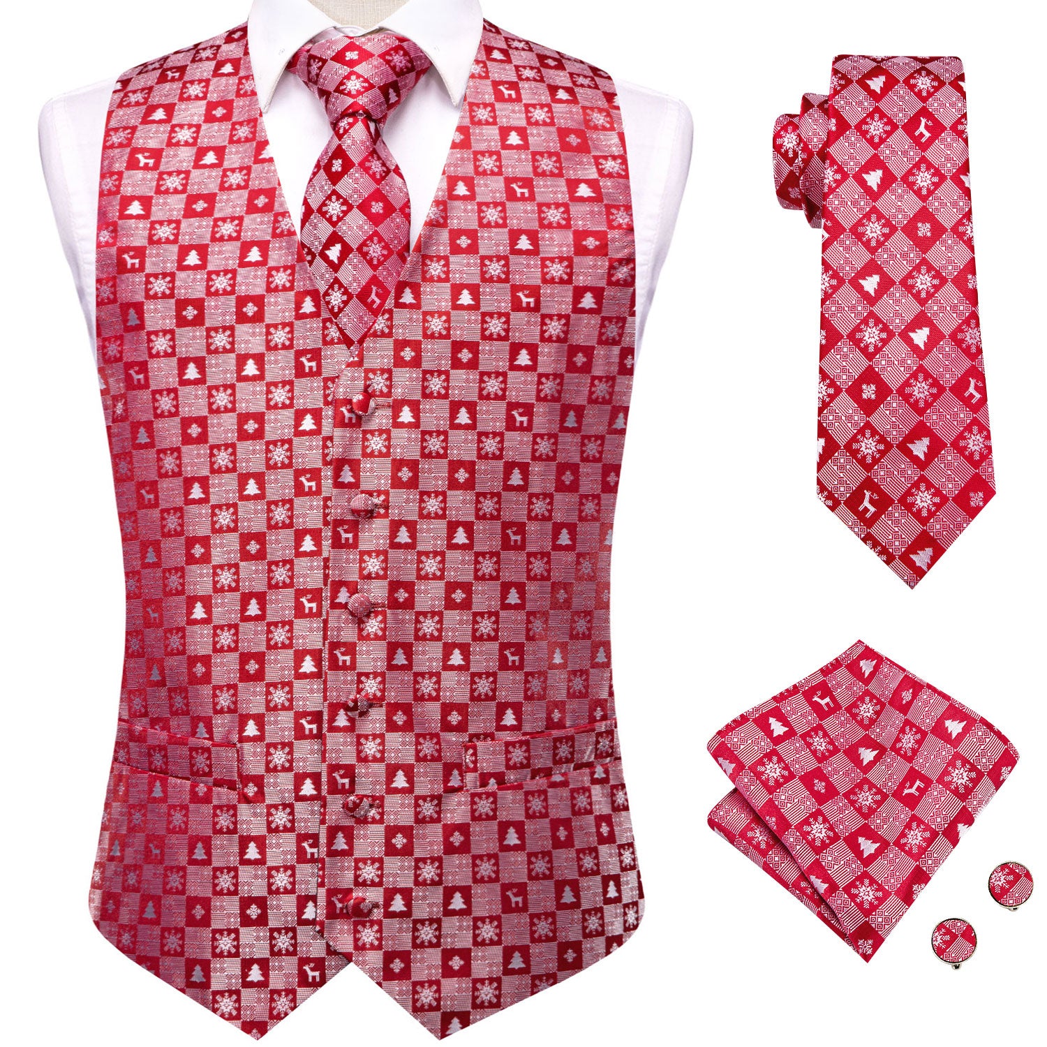 Christmas Red White Novelty Pattern Men's Vest Hanky Cufflinks Tie Set