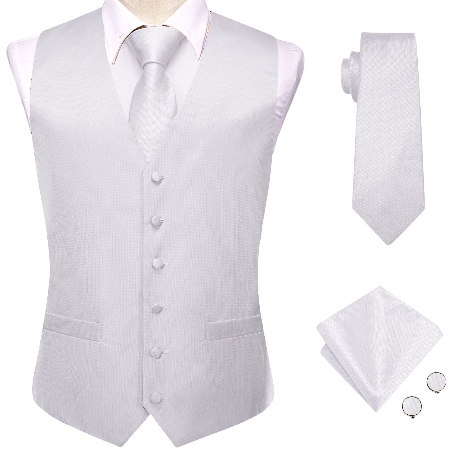 White Solid Men's Vest Hanky Cufflinks Tie Set