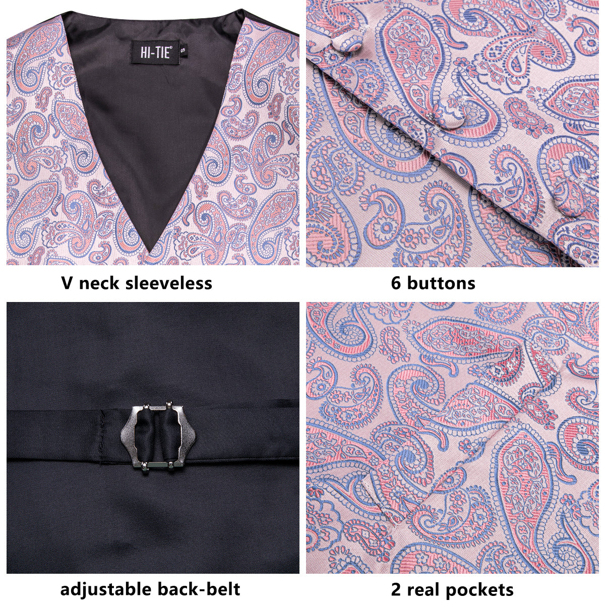 Pink Blue Paisley Men's Vest Hanky Cufflinks Tie Set