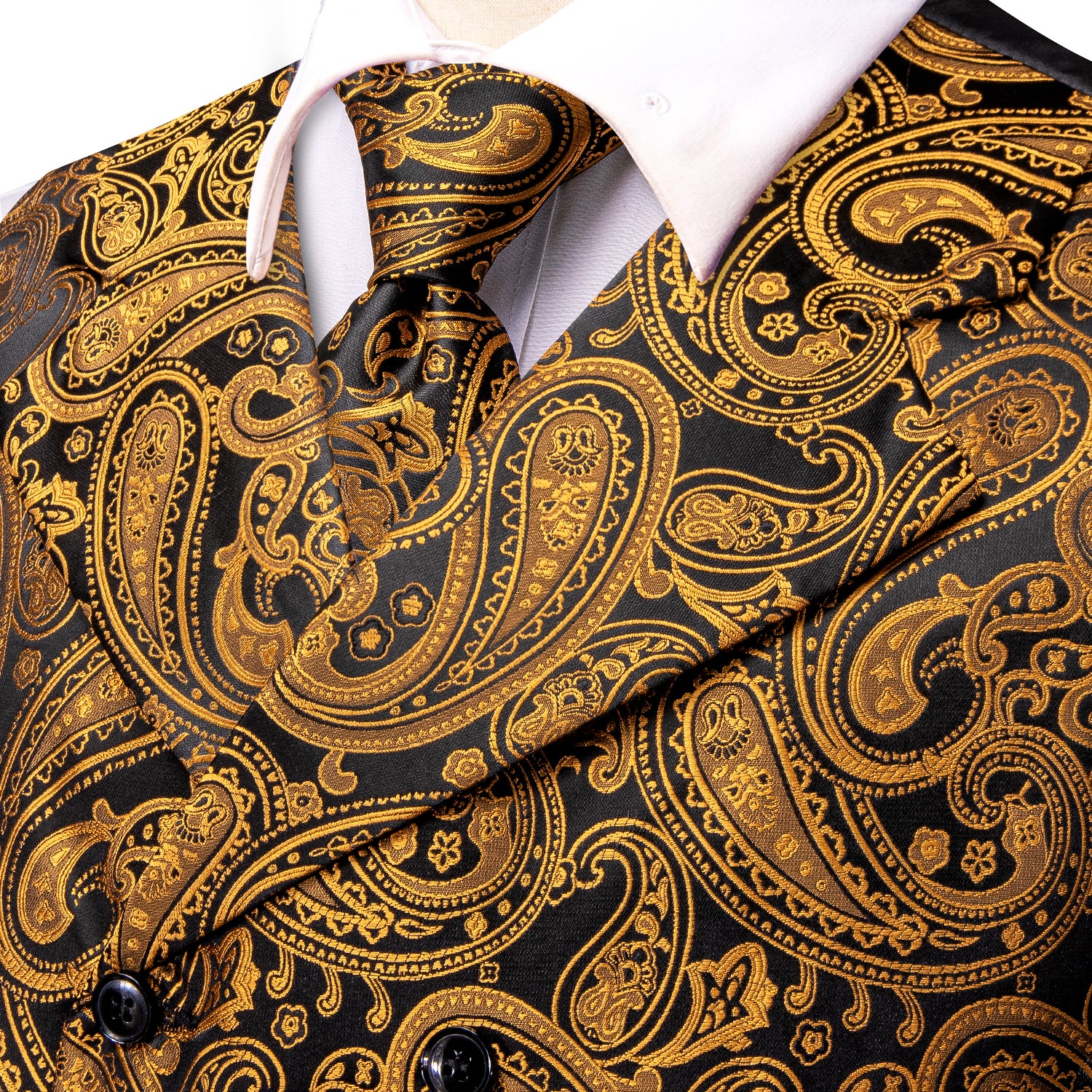 Black Gold Paisley Men's Collar Vest Hanky Cufflinks Tie Set