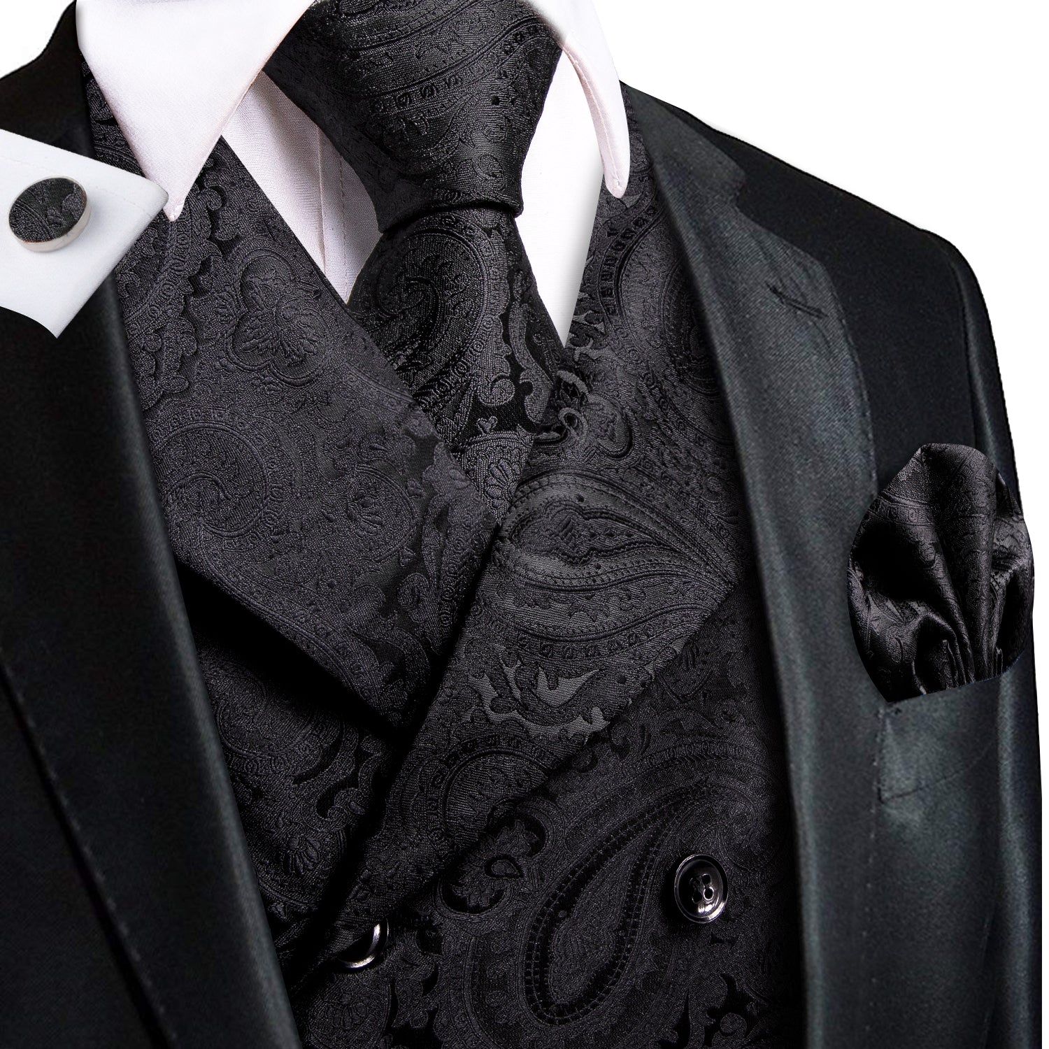 Black Paisley Men's Collar Vest Hanky Cufflinks Tie Set