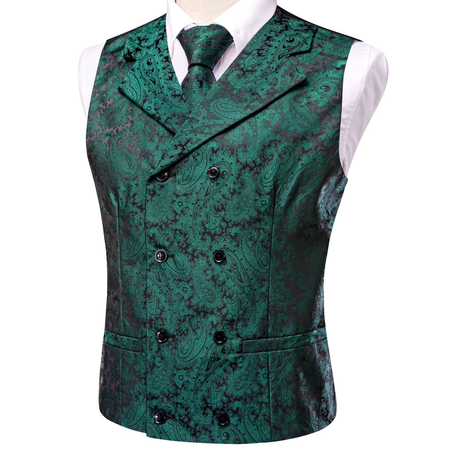 Pine Green Paisley Men's Collar Vest Hanky Cufflinks Tie Set