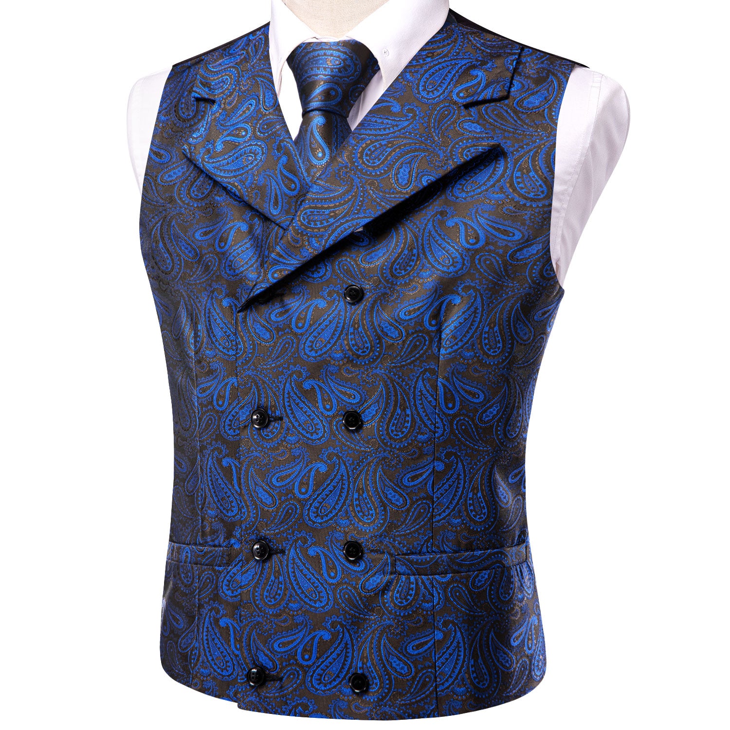 Black Blue Paisley Men's Collar Vest Hanky Cufflinks Tie Set