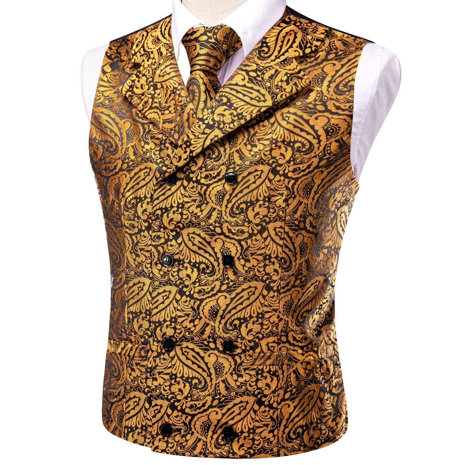 New Gold Paisley Men's Collar Vest Hanky Cufflinks Tie Set