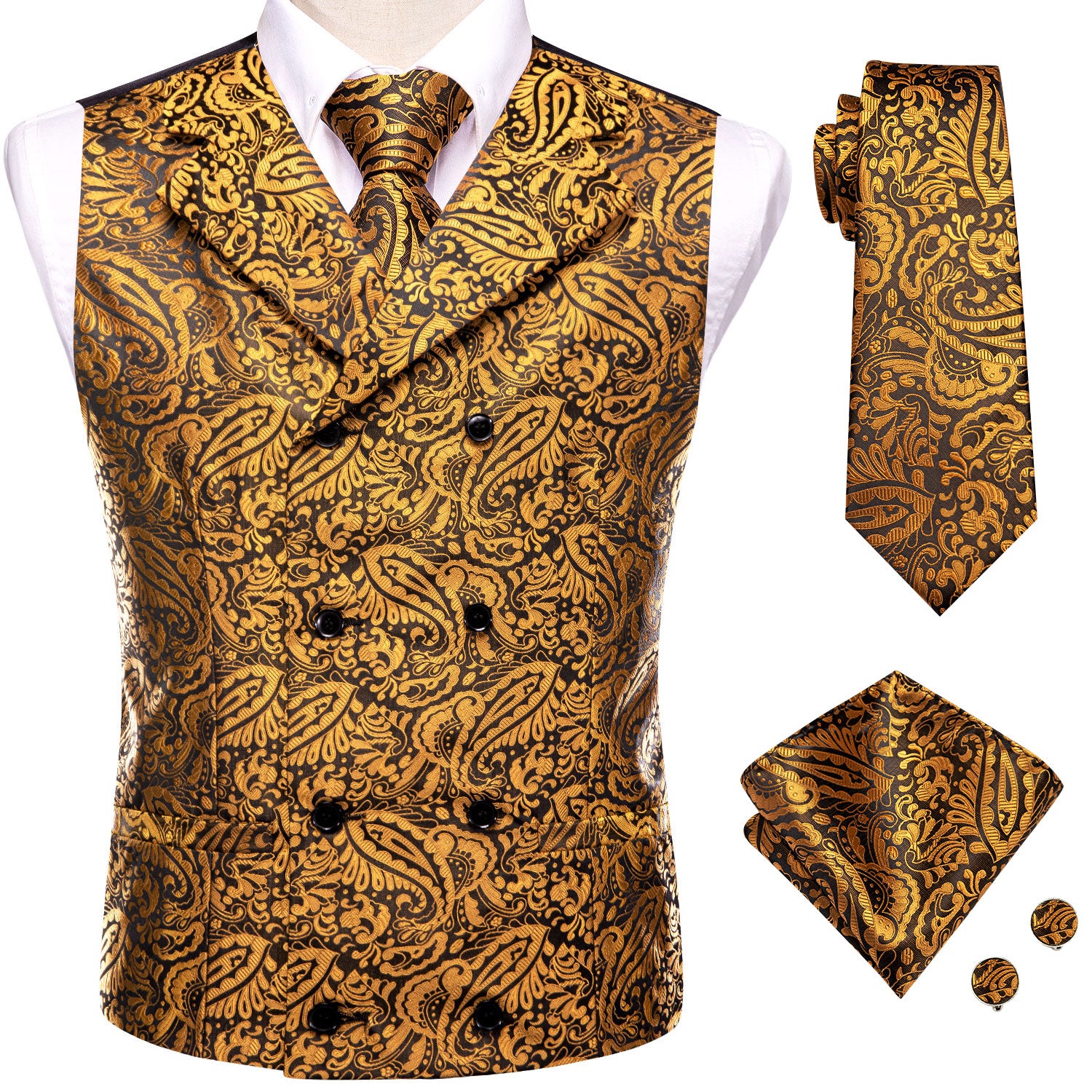 New Gold Paisley Men's Collar Vest Hanky Cufflinks Tie Set