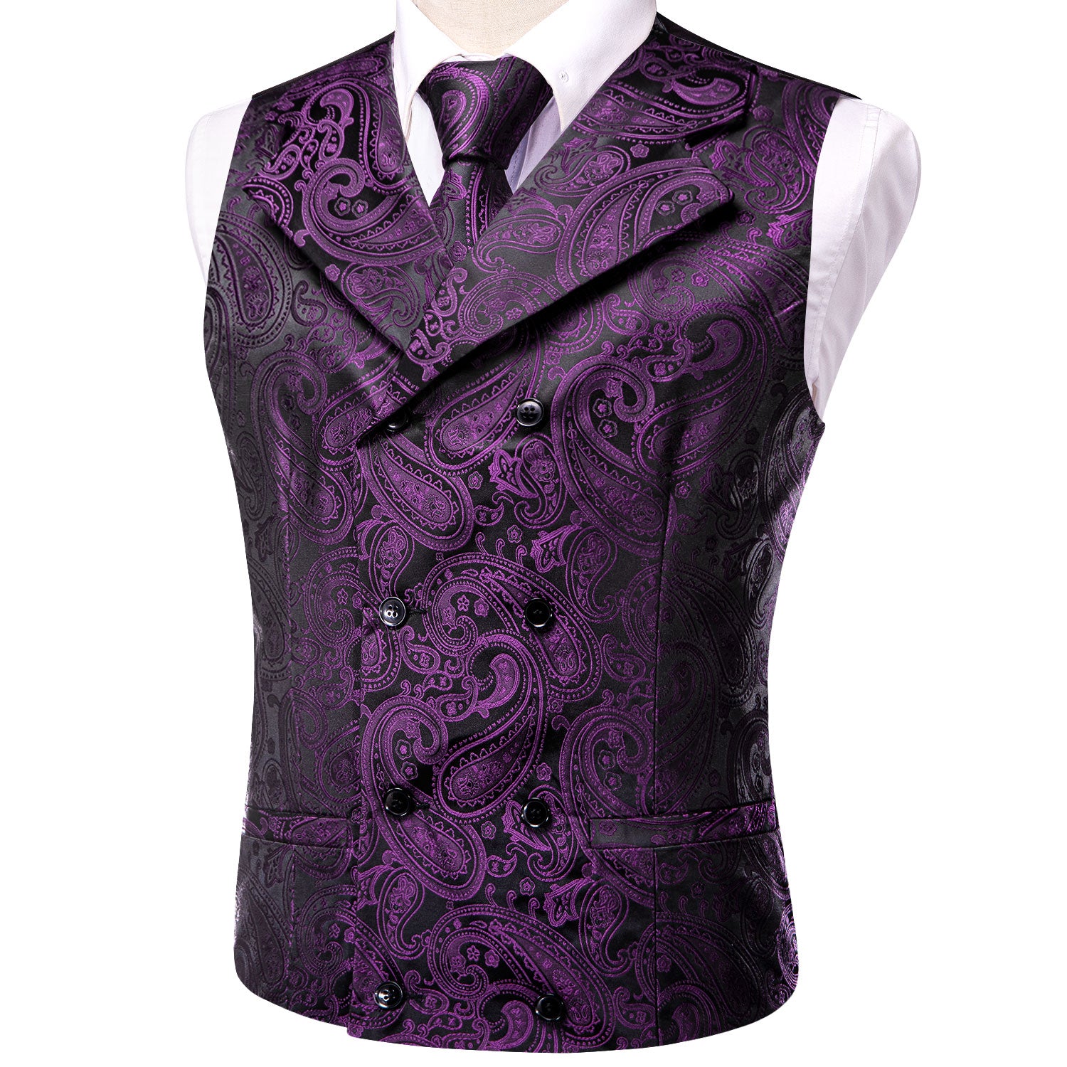 Deep Purple Paisley Men's Collar Vest Hanky Cufflinks Tie Set