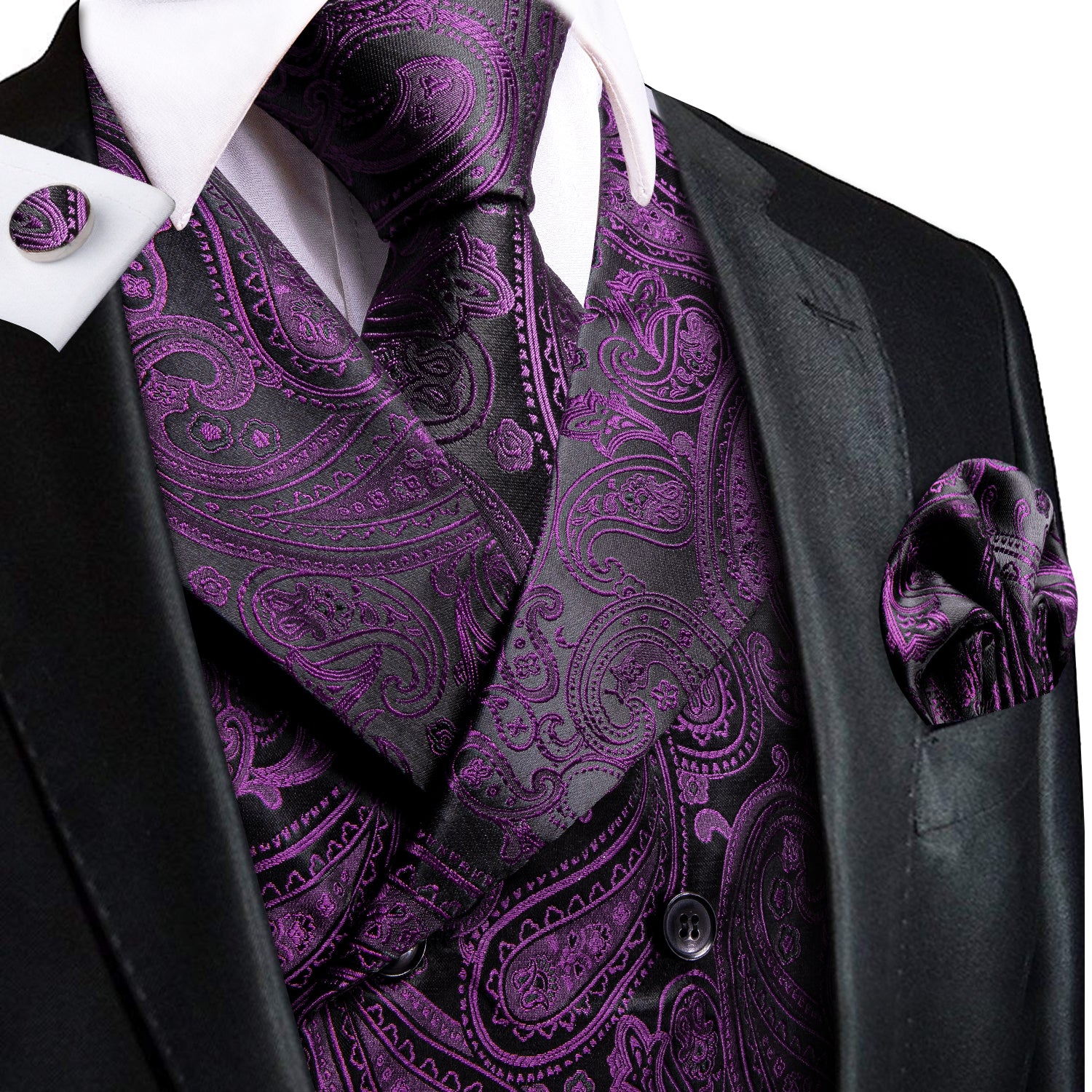 Deep Purple Paisley Men's Collar Vest Hanky Cufflinks Tie Set