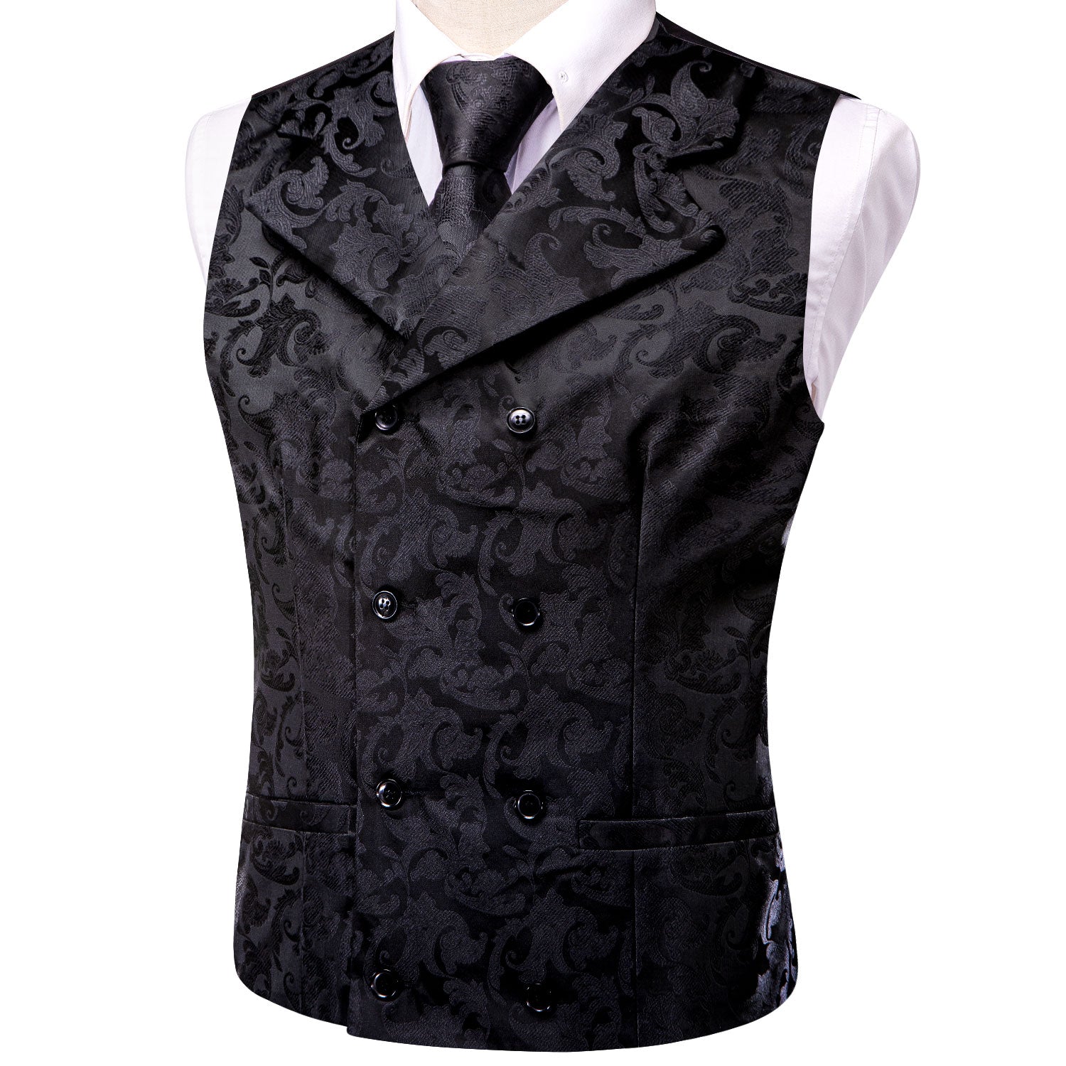 Double Breasted Waistcoat Black Paisley Vest Hanky Cufflinks Tie Set
