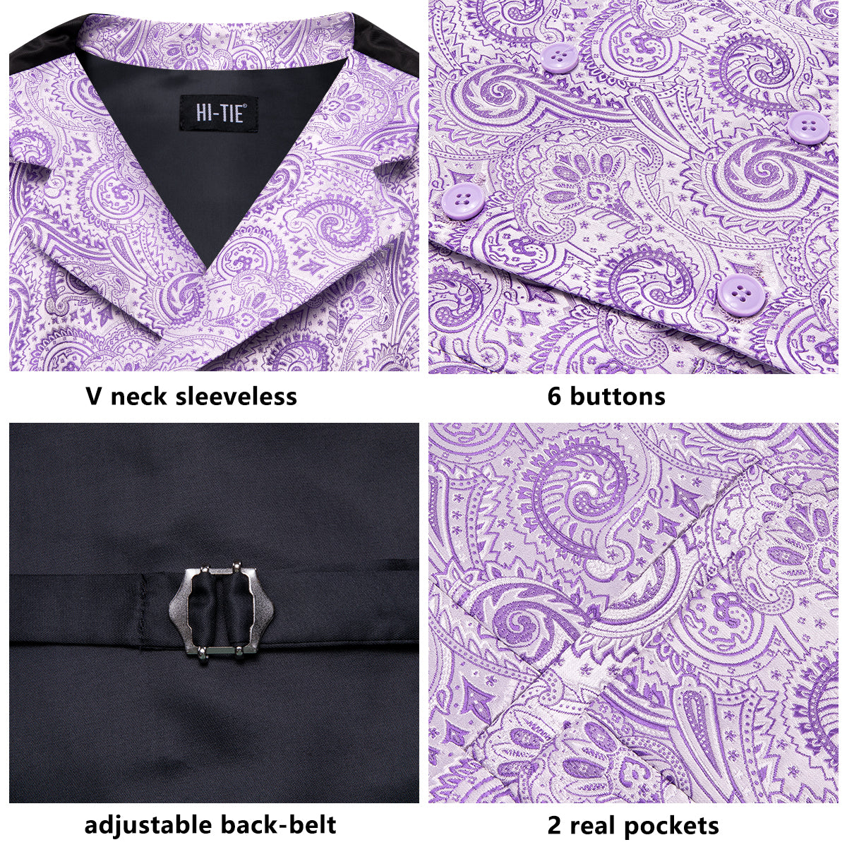 Lilac Purple Paisley Men's Collar Vest Hanky Cufflinks Tie Set