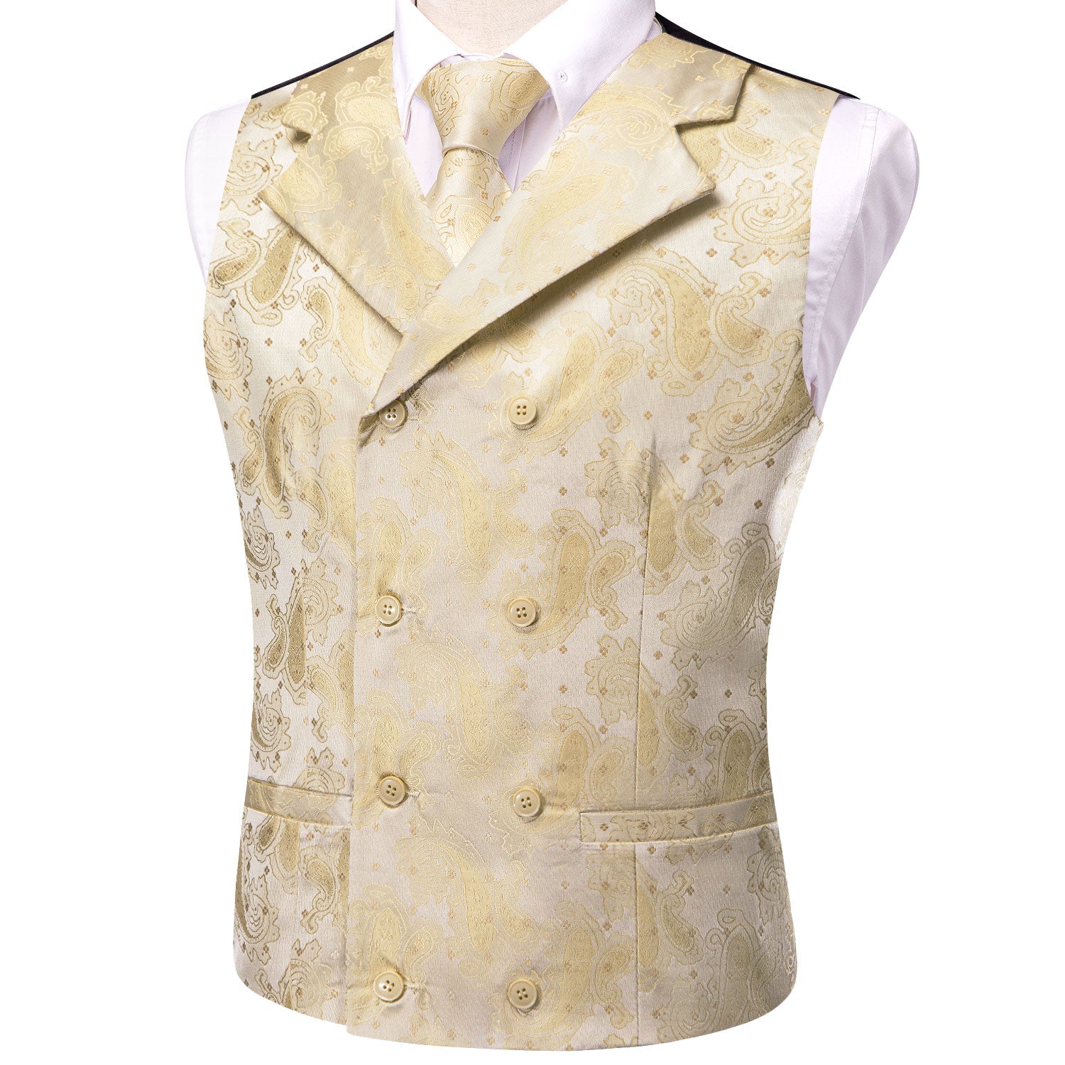 Double breasted Men's beige paisley vest on white shirt 