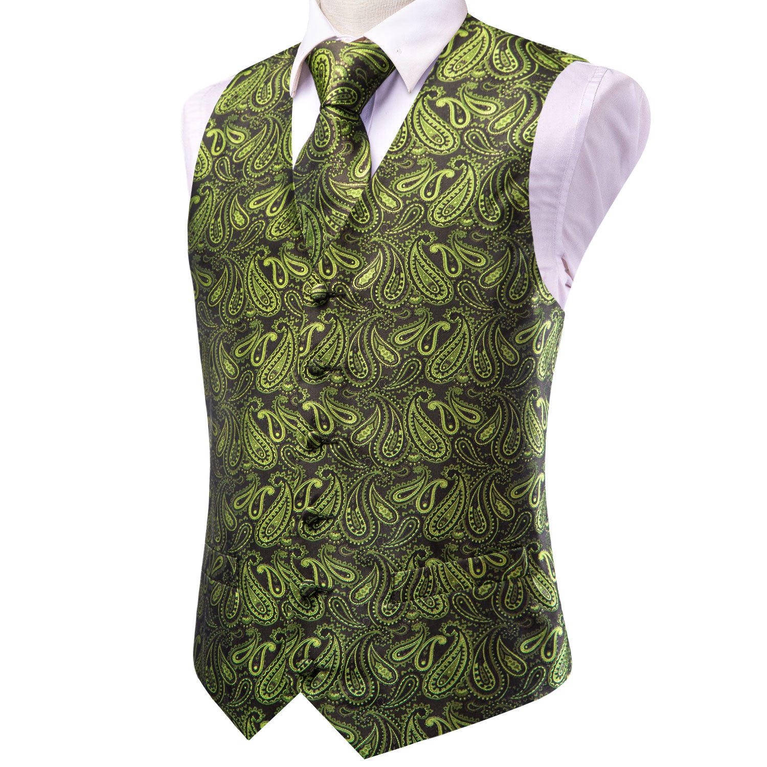 Olive Green Paisley Men's Vest Hanky Cufflinks Tie Set