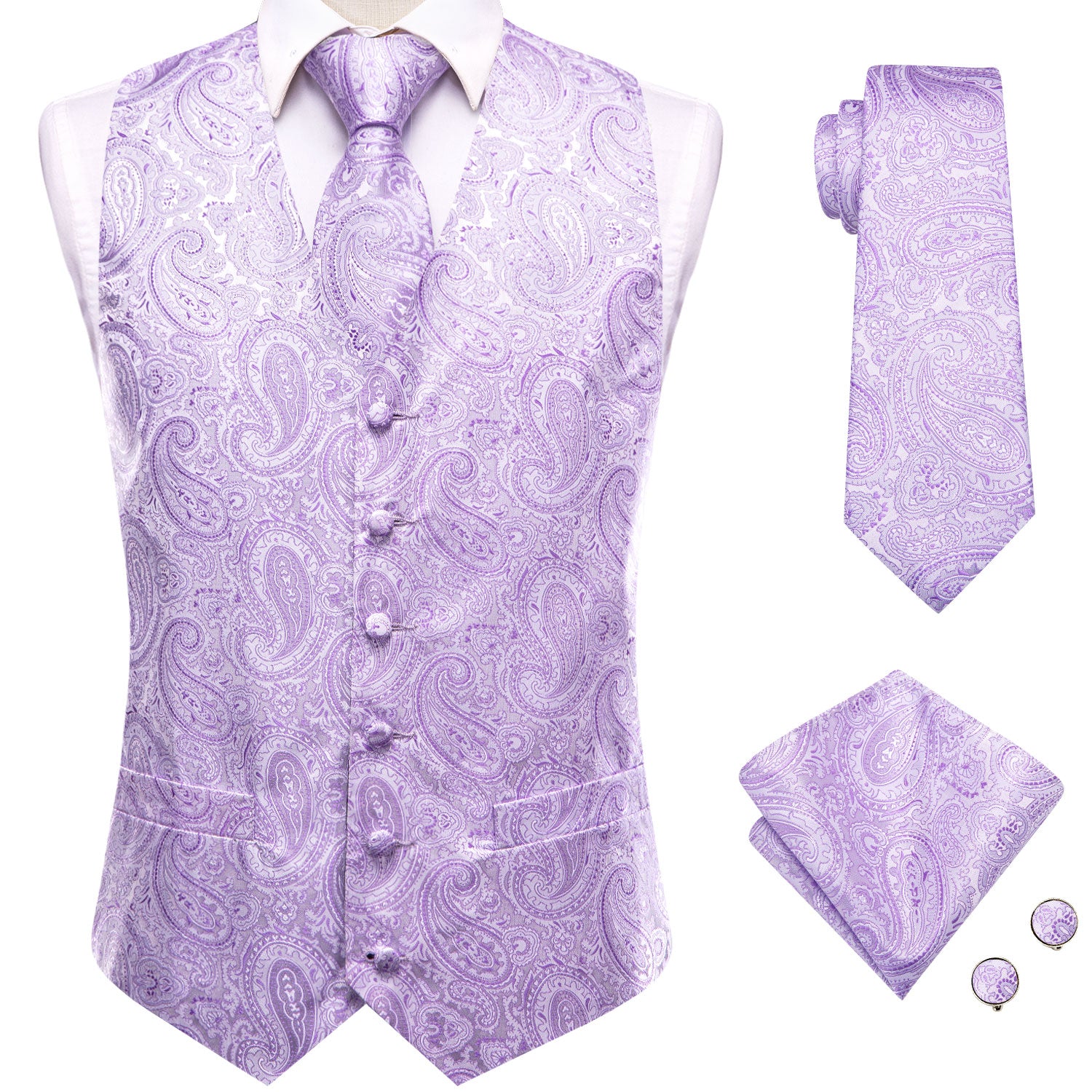 Hi-Tie Lilac Purple Paisley Men's Vest Hanky Cufflinks Tie Set