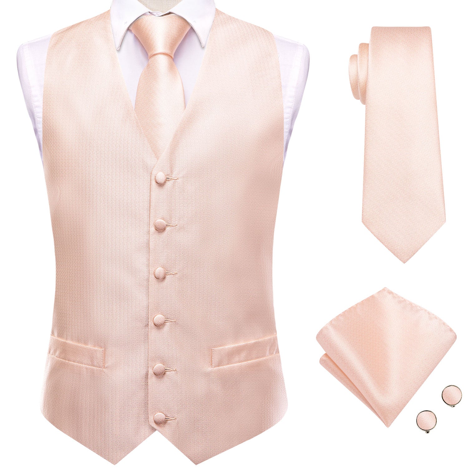 Light Coral Pink Paisley Men's Vest Hanky Cufflinks Tie Set