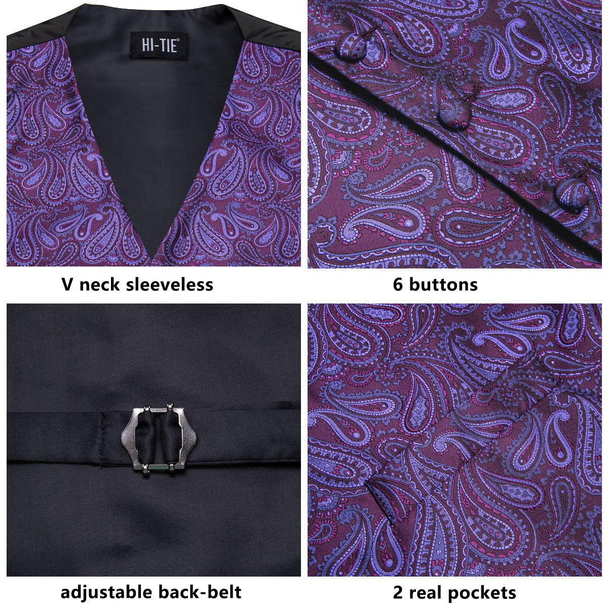 Deep Purple Paisley Men's Vest Hanky Cufflinks Tie Set