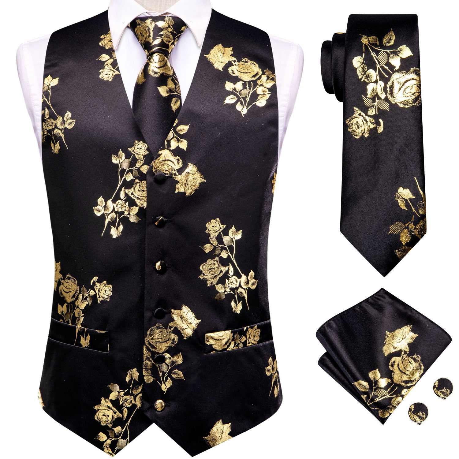 Black Golden Rose Floral Men's Vest Hanky Cufflinks Tie Set