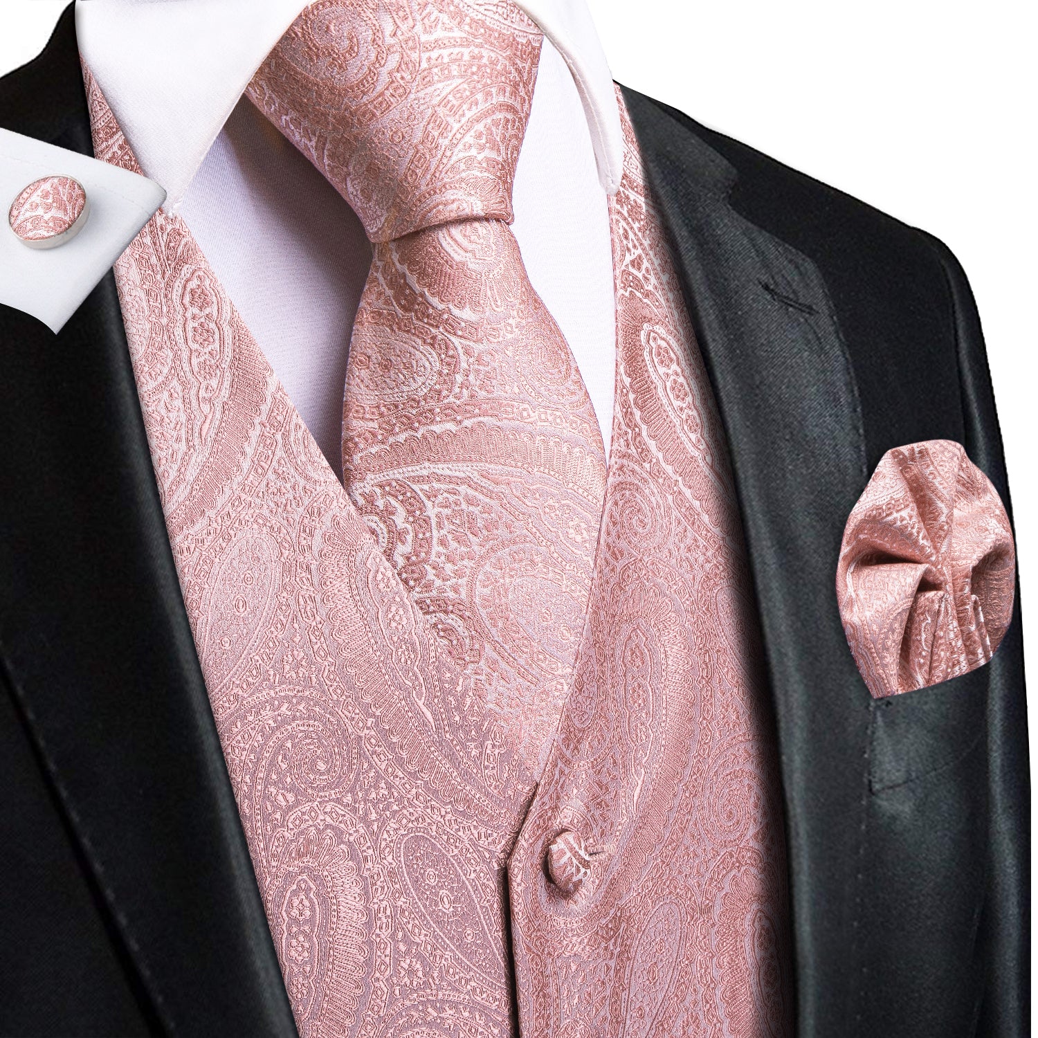Pink Paisley Silk Men's Vest Hanky Cufflinks Tie Set