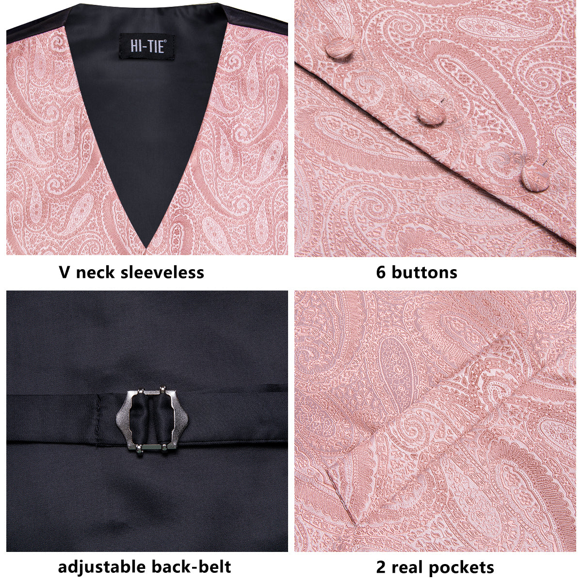 Pink Paisley Silk Men's Vest Hanky Cufflinks Tie Set