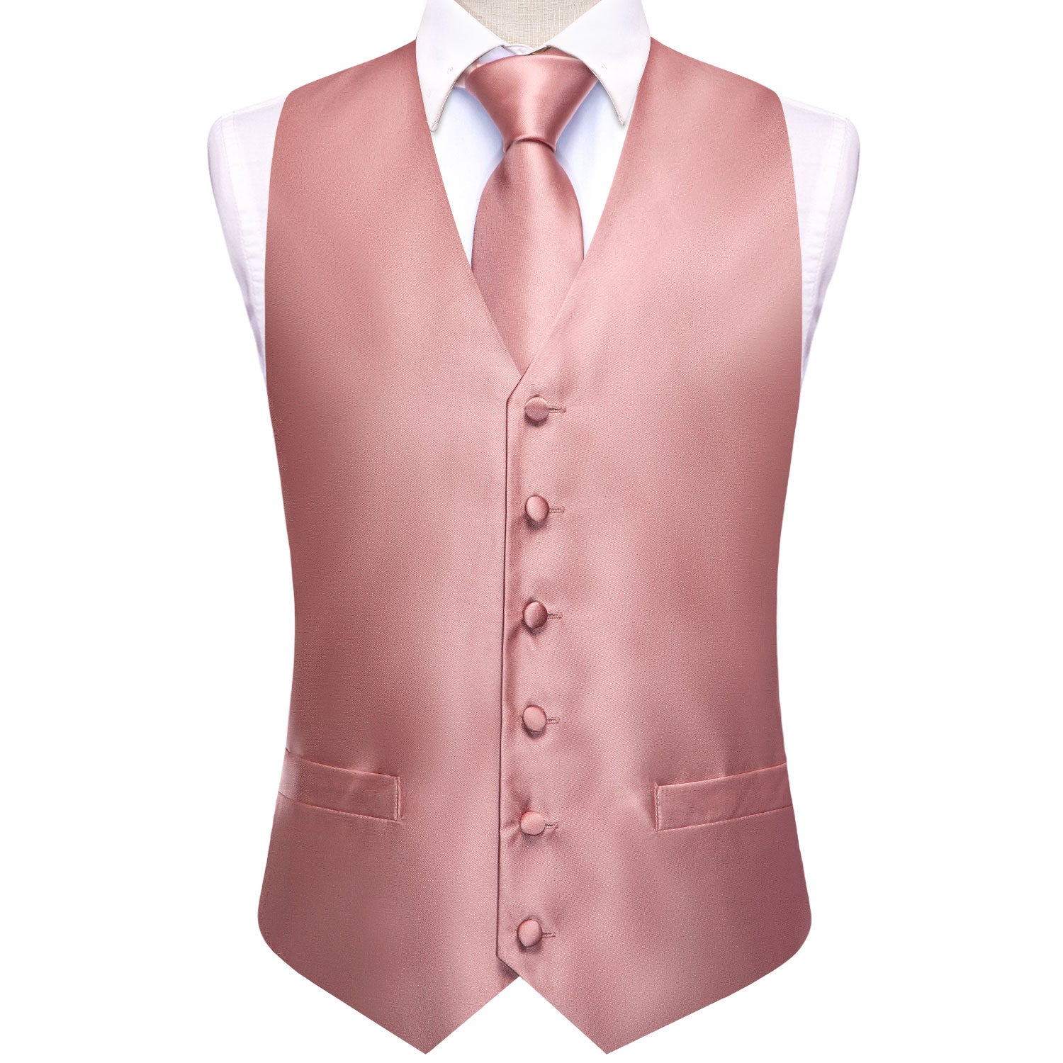 Dark Coral Pink Paisley Men's Vest Handkerchief Cufflinks Tie Set