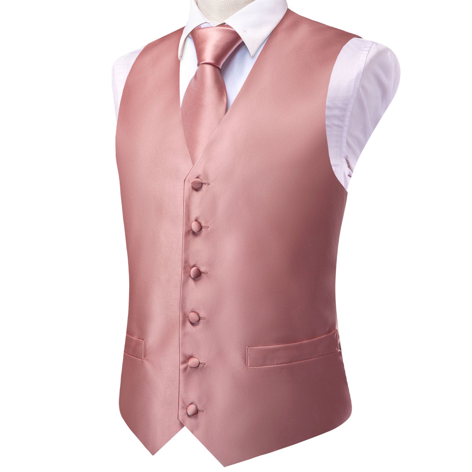 Dark Coral Pink Paisley Men's Vest Handkerchief Cufflinks Tie Set