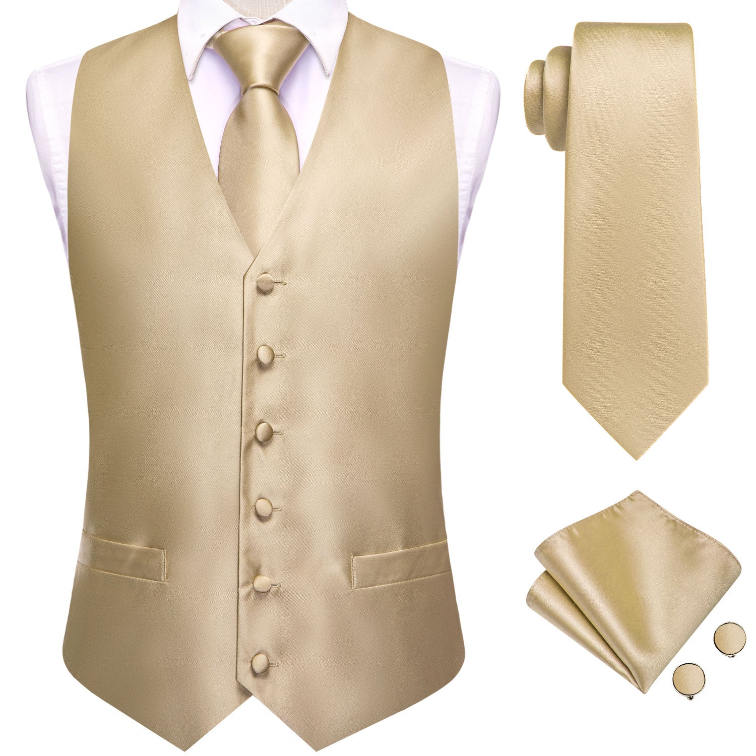 Dark Champagne Solid Color Men's Vest Tie Handkerchief Cufflinks Set