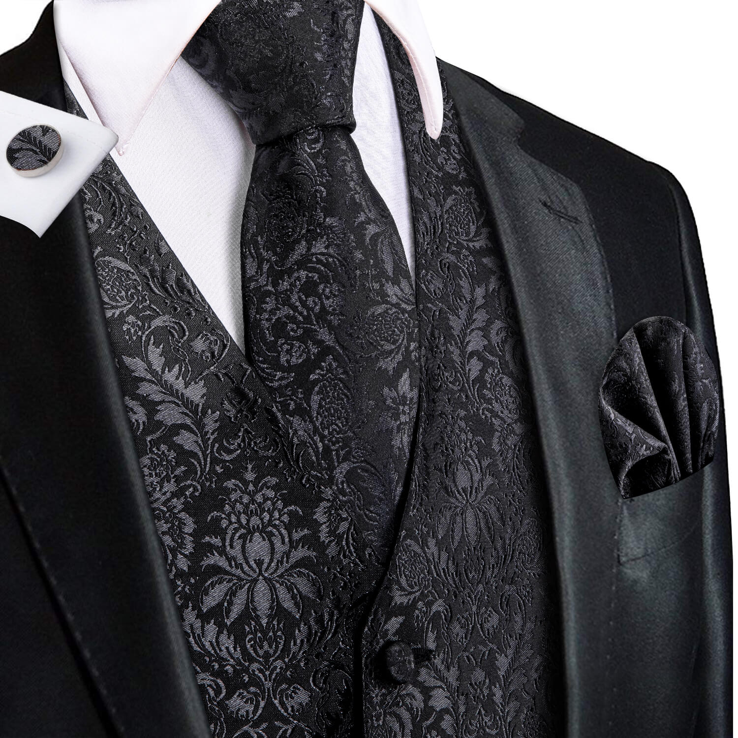 Black Jacquard Floral Mens Vest and Tie Set