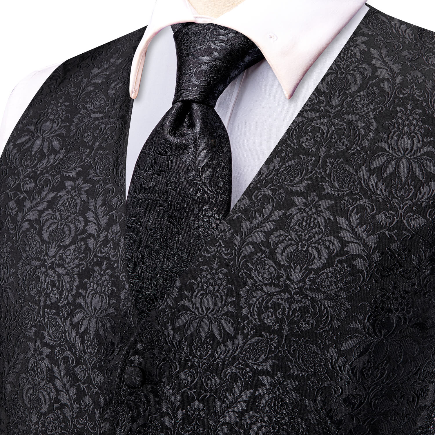 Black Jacquard Floral Mens Vest and Tie Set