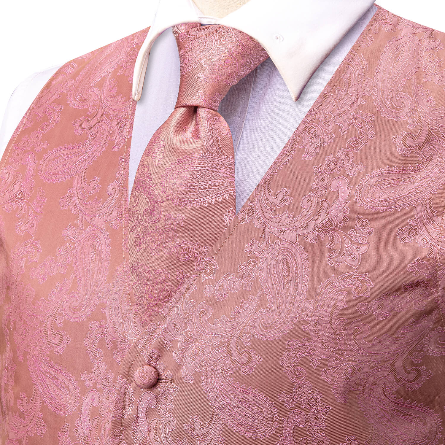 Rose Pink Jacquard Paisley Mens Vest and Tie Set