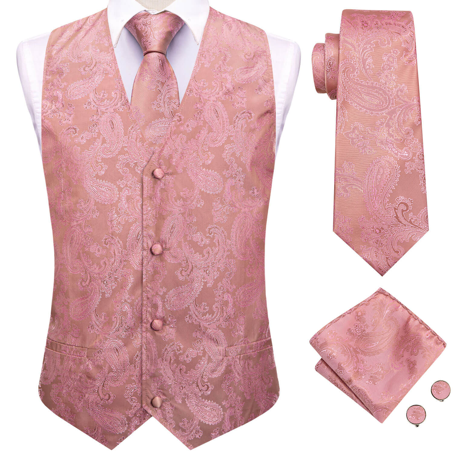 Rose Pink Jacquard Paisley Mens Vest and Tie Set