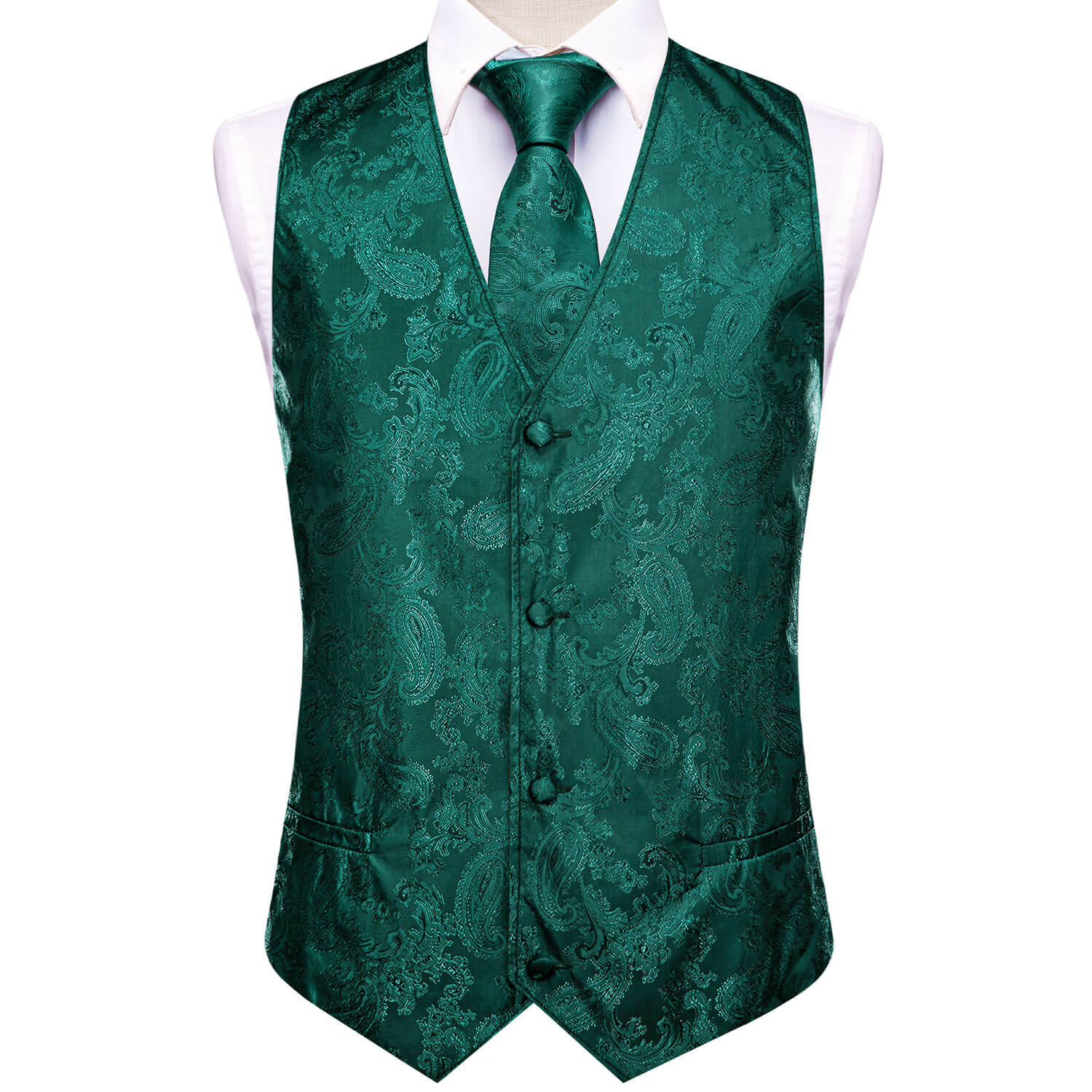 Dark Green Jacquard Paisley Mens Vest and Tie Set