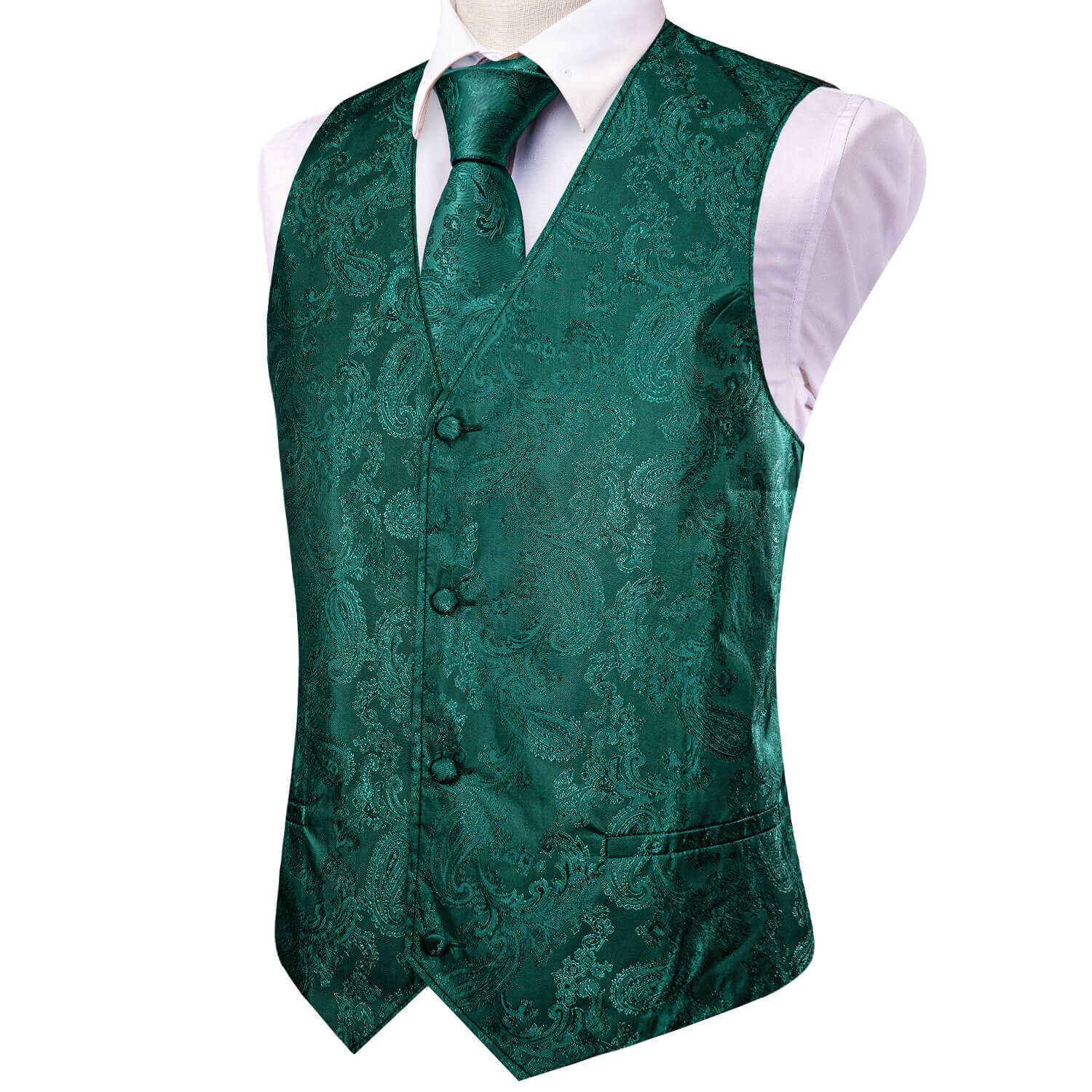 Dark Green Jacquard Paisley Mens Vest and Tie Set