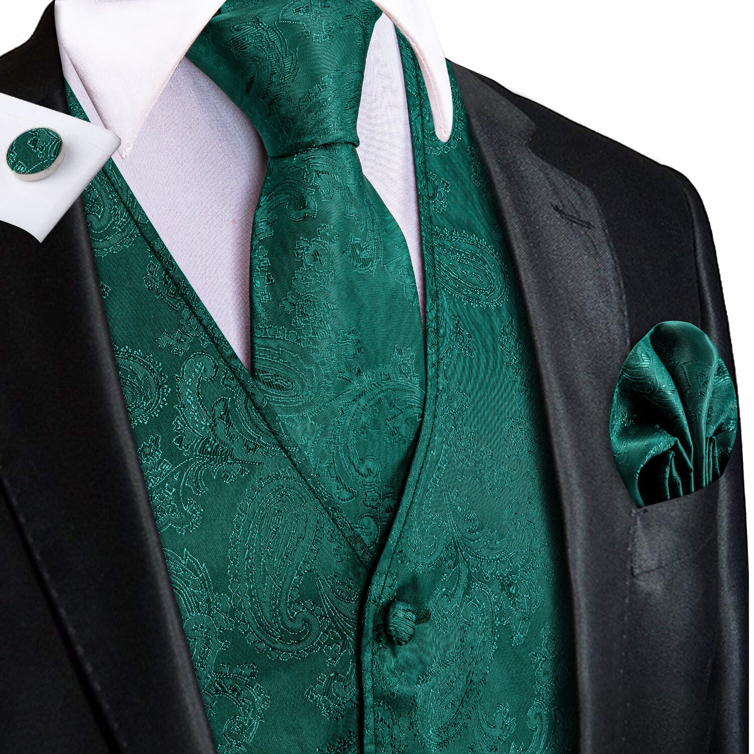  Dark Green Jacquard Paisley Mens Vest and Tie Set