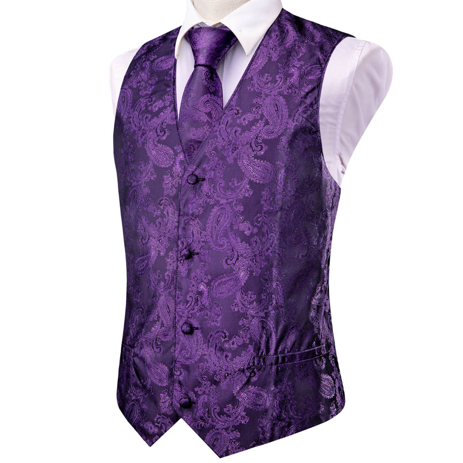 Indigo Purple Jacquard Paisley Mens Vest and Tie Set