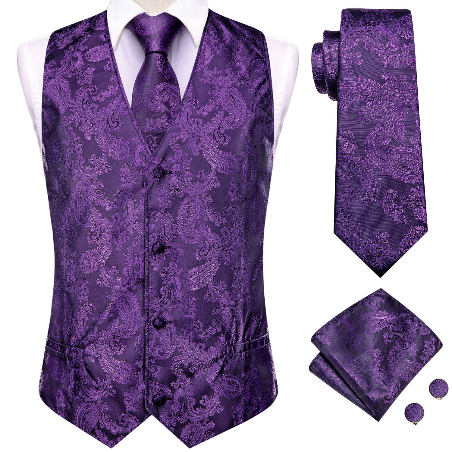  Indigo Purple Jacquard Paisley Mens Vest and Tie Set