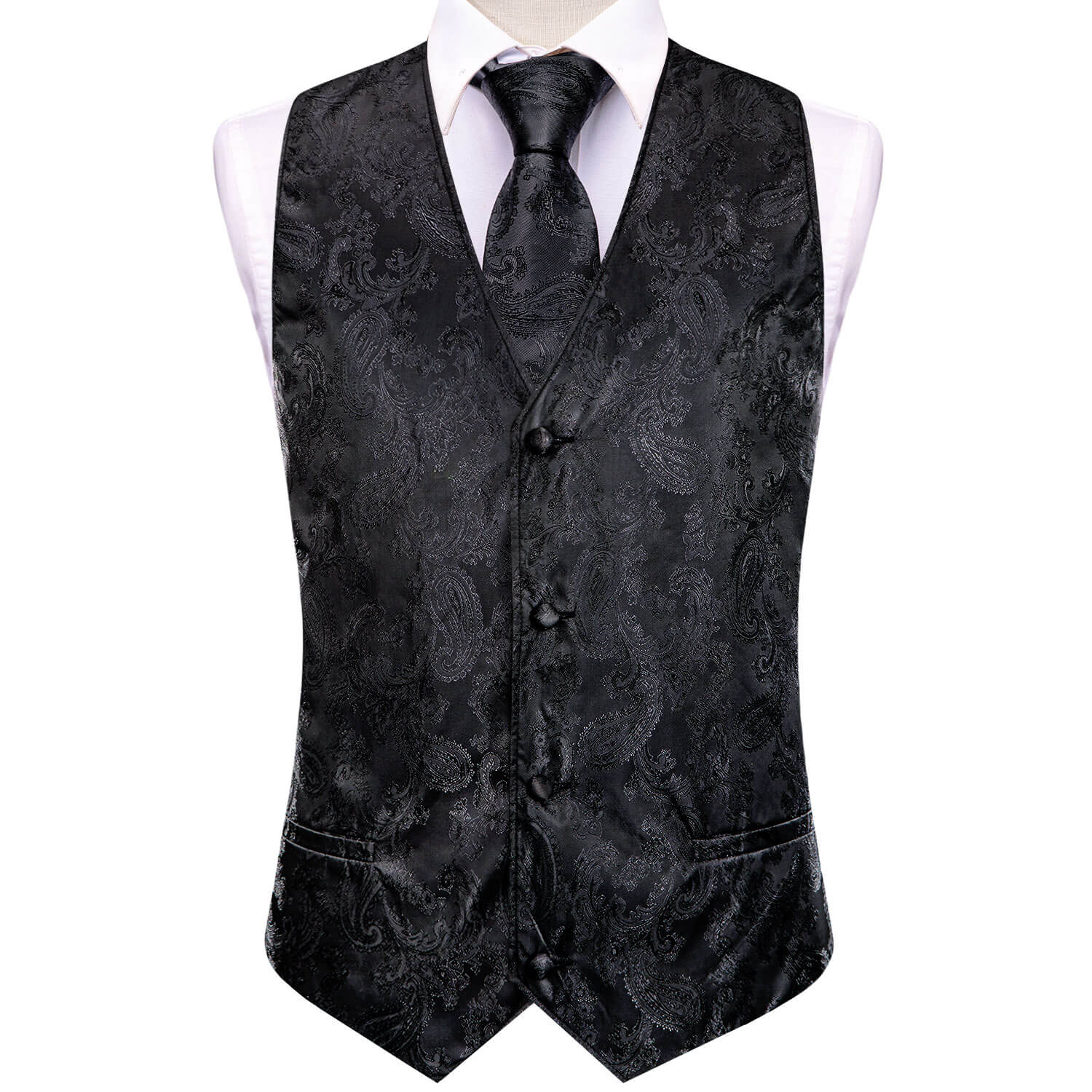  Black Jacquard Paisley Mens Vest and Tie Set
