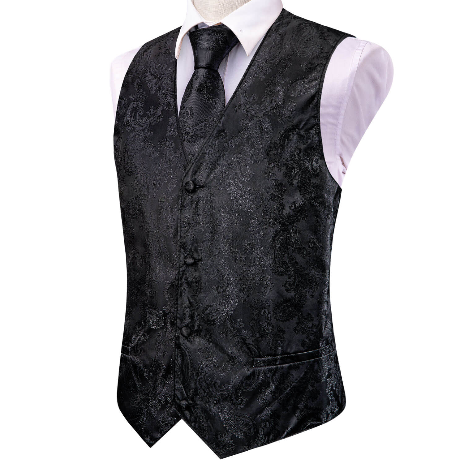  Black Jacquard Paisley Mens Vest and Tie Set