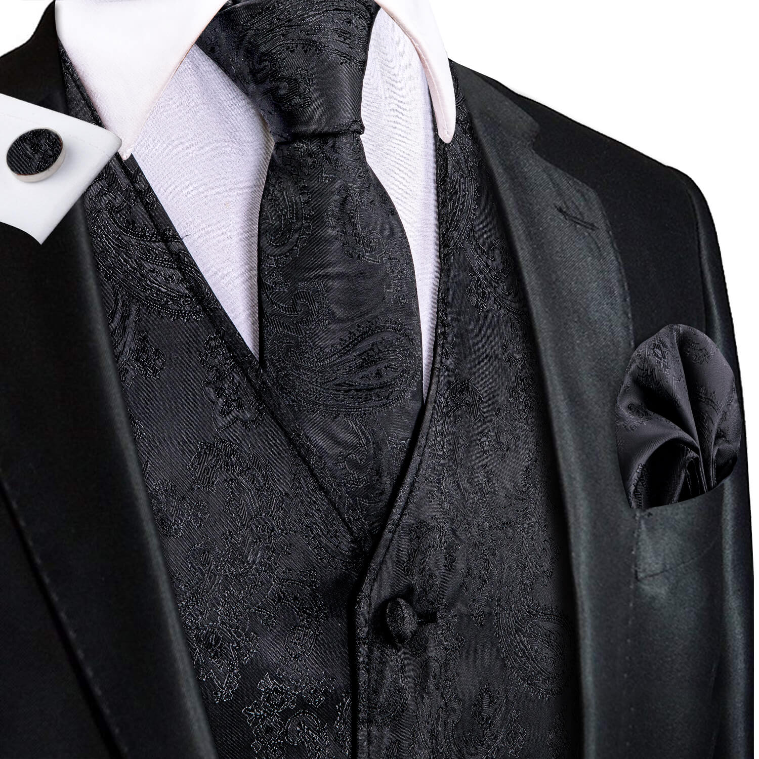 HiTie Waistcoat Black Jacquard Paisley Mens Vest and Tie Set