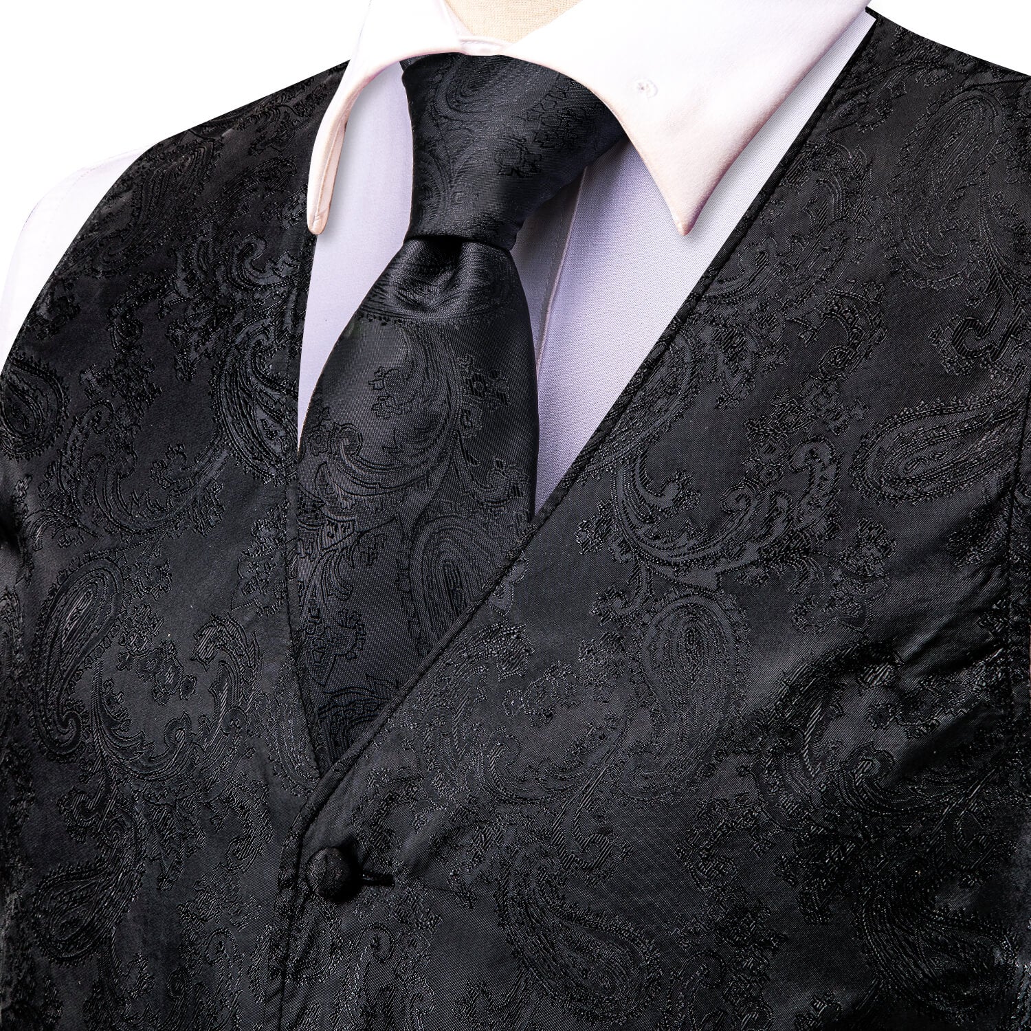 Black Jacquard Paisley Mens Vest and Tie Set