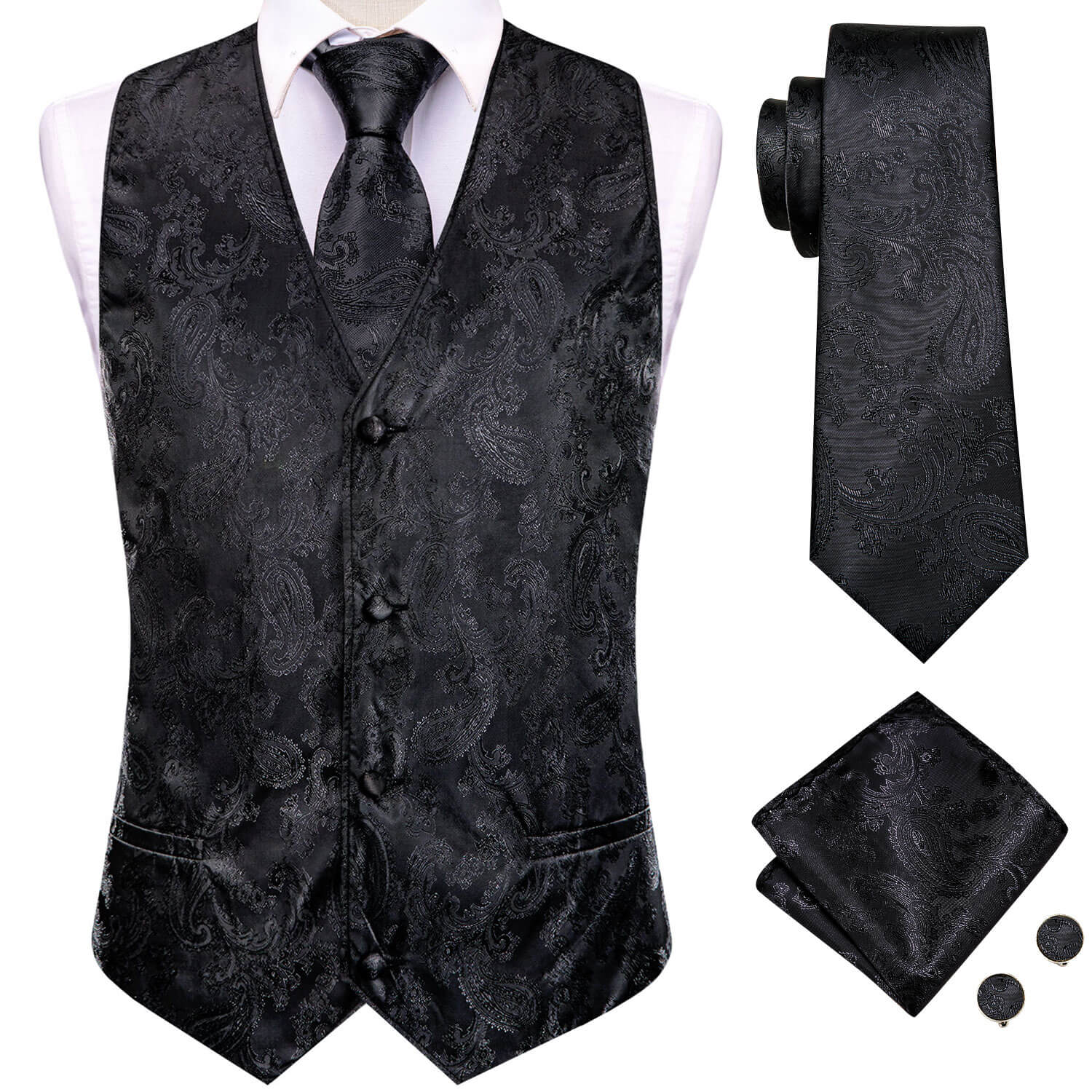 Black Jacquard Paisley Mens Vest and Tie Set