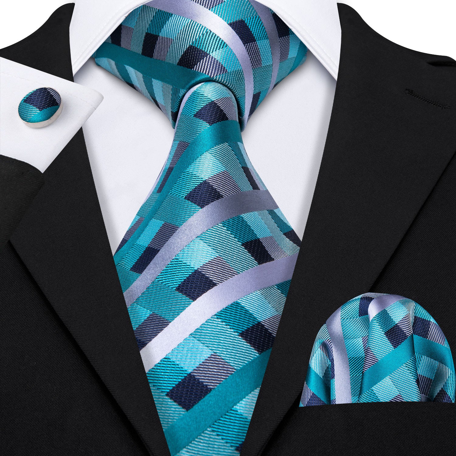 Beautiful Plaid Checkered Necktie Pocket Square Cufflinks Set