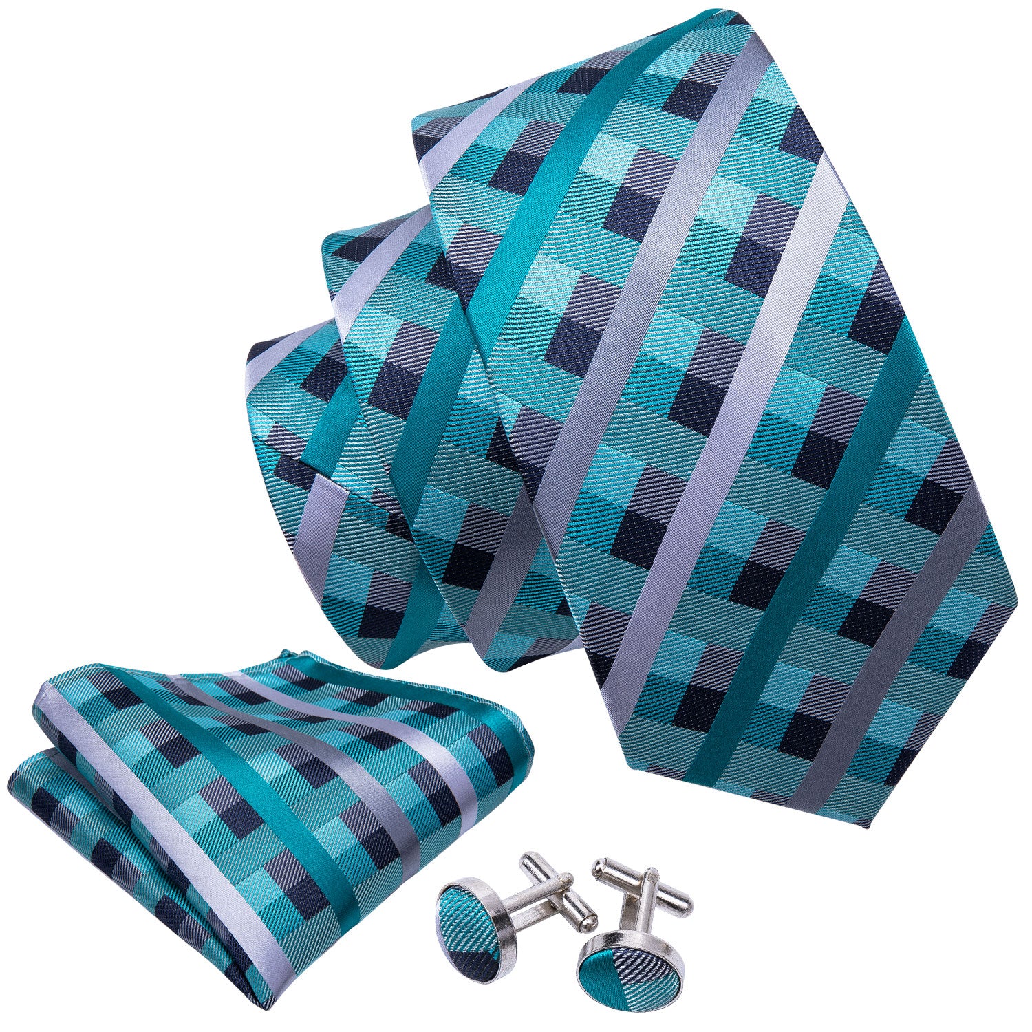Beautiful Plaid Checkered Necktie Pocket Square Cufflinks Set