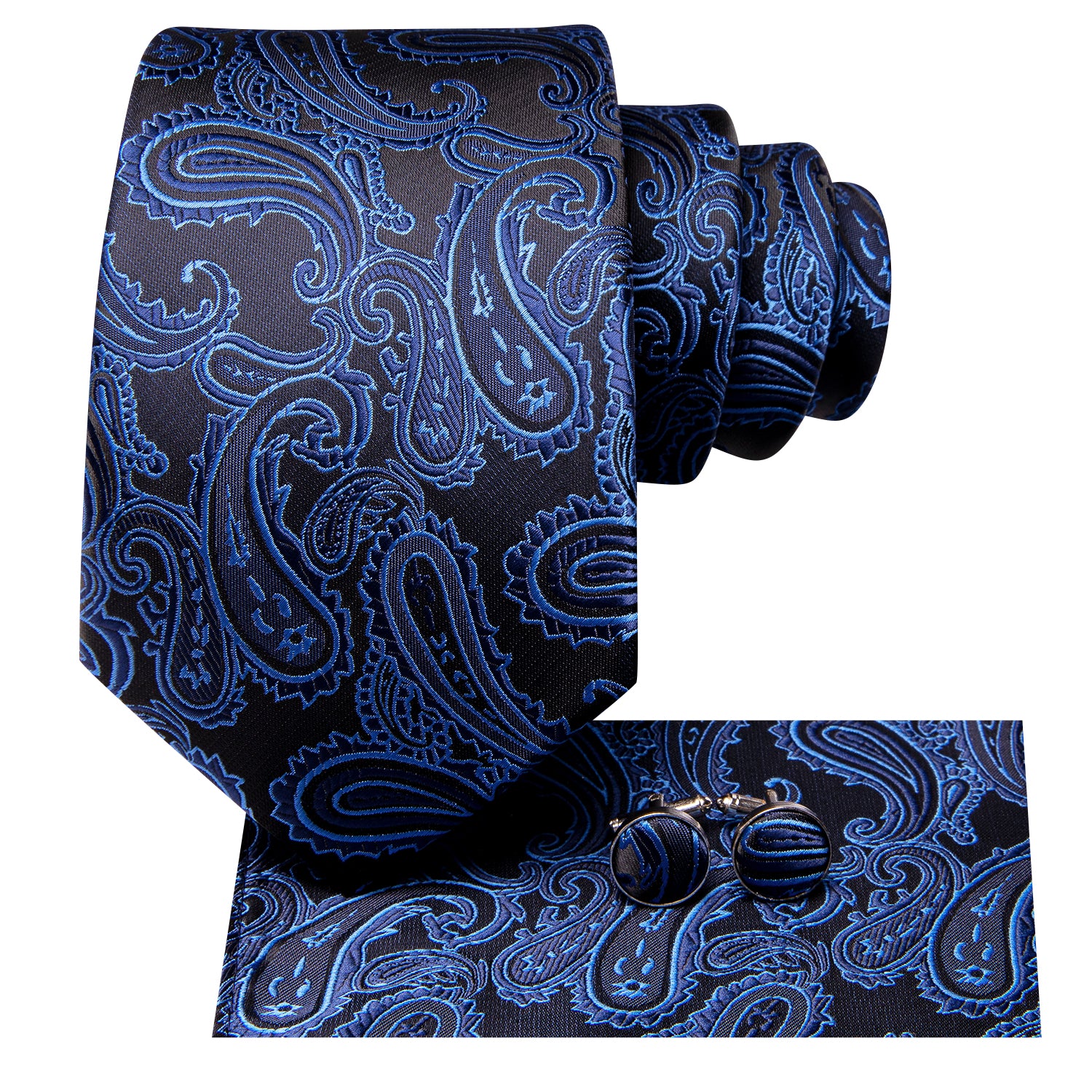 Blue Black Paisley Men's Tie Pocket Square Cufflinks Set