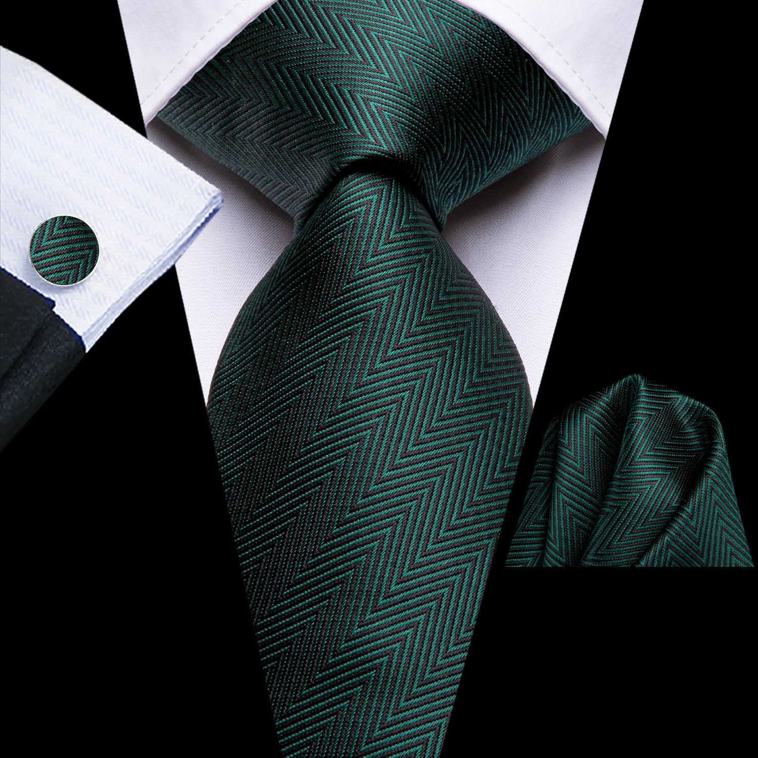 Dark Green Novelty Woven Tie Pocket Square Cufflinks Set