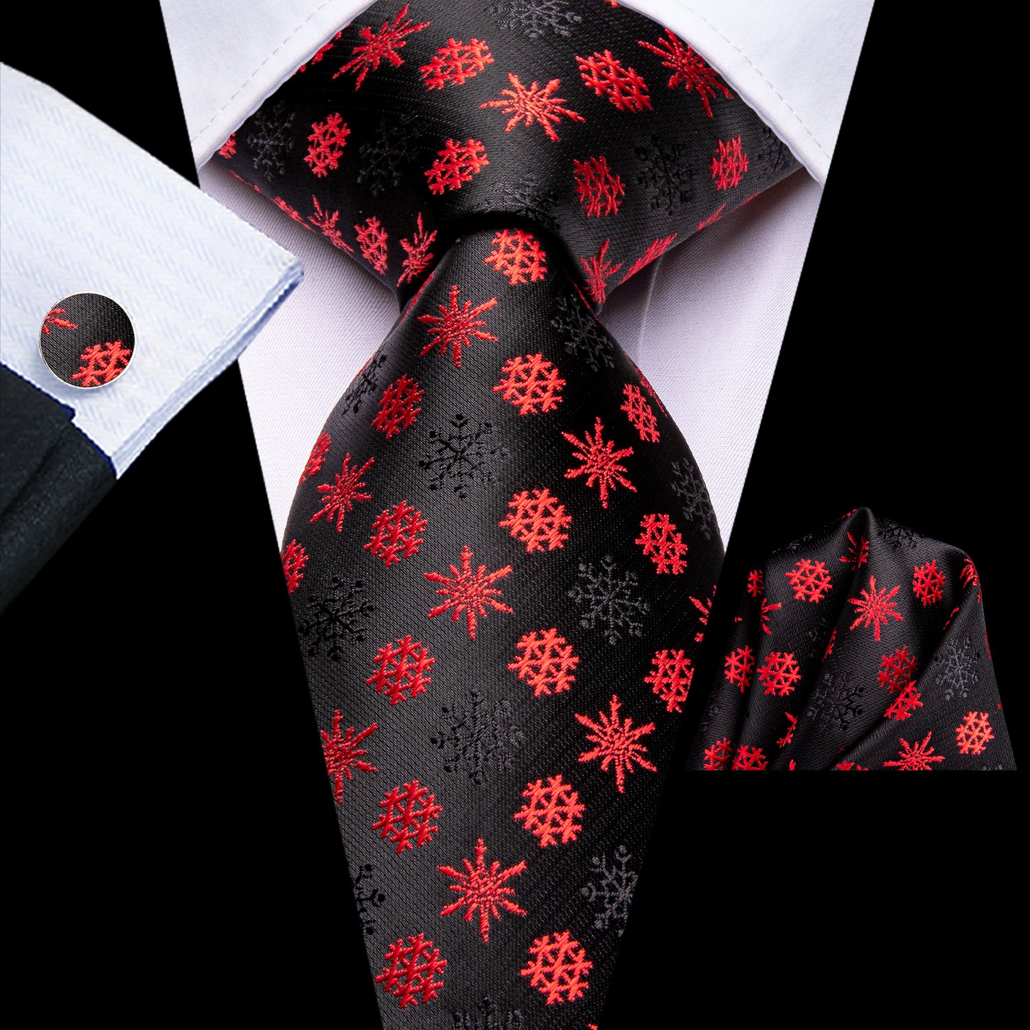 Black Red Snowflake Tie Pocket Square Cufflinks Set