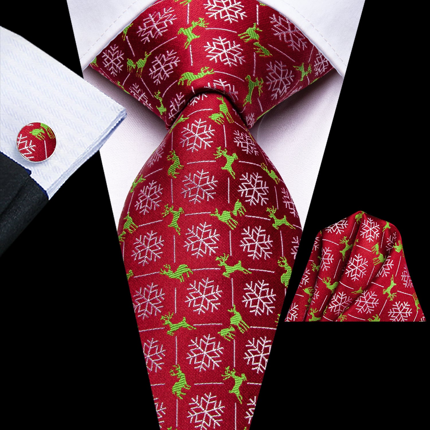 Christmas Red Green Snowflake Deer Tie Pocket Square Cufflinks Set