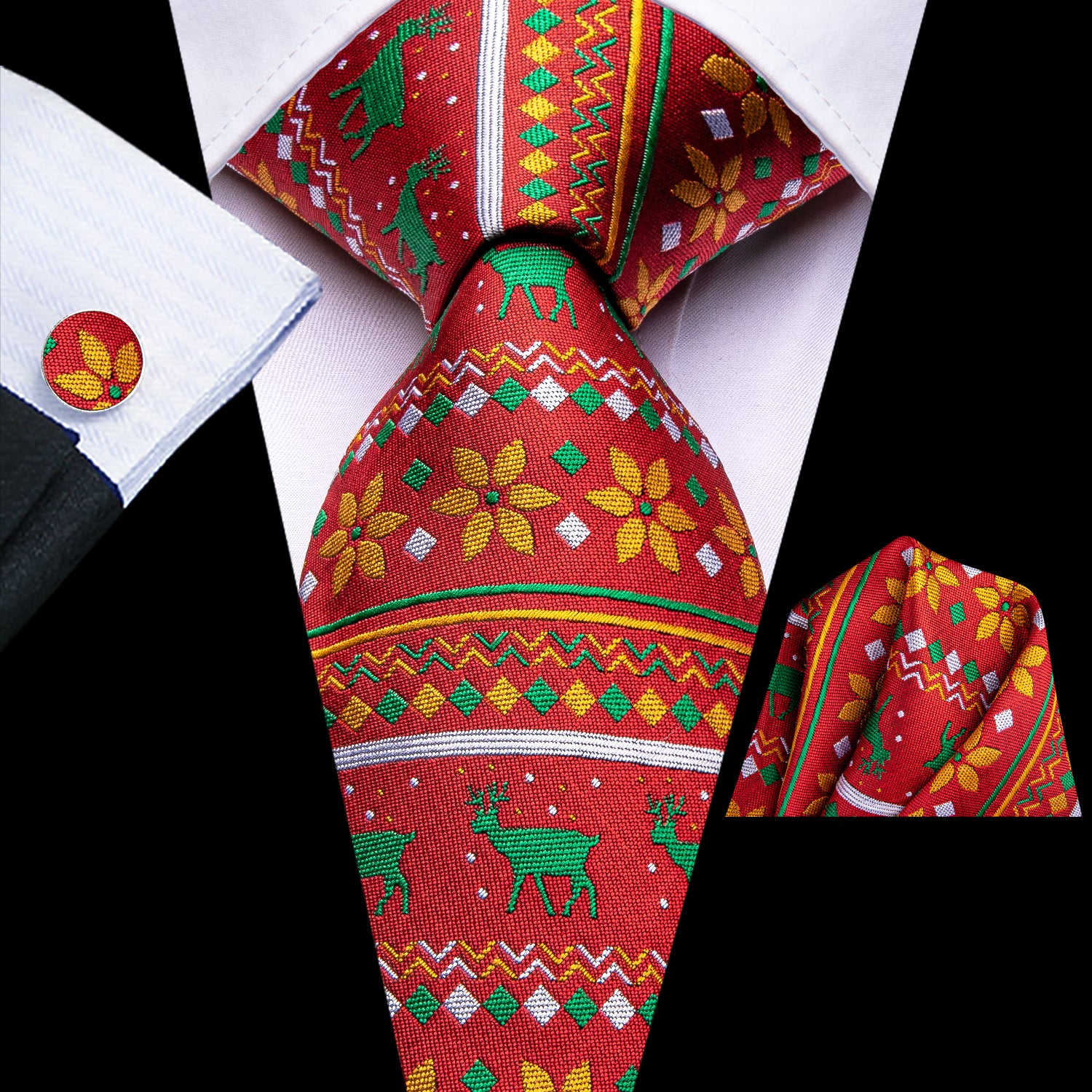 Christmas Orange Yellow Green Deer Snowflake Tie Pocket Square Cufflinks Set