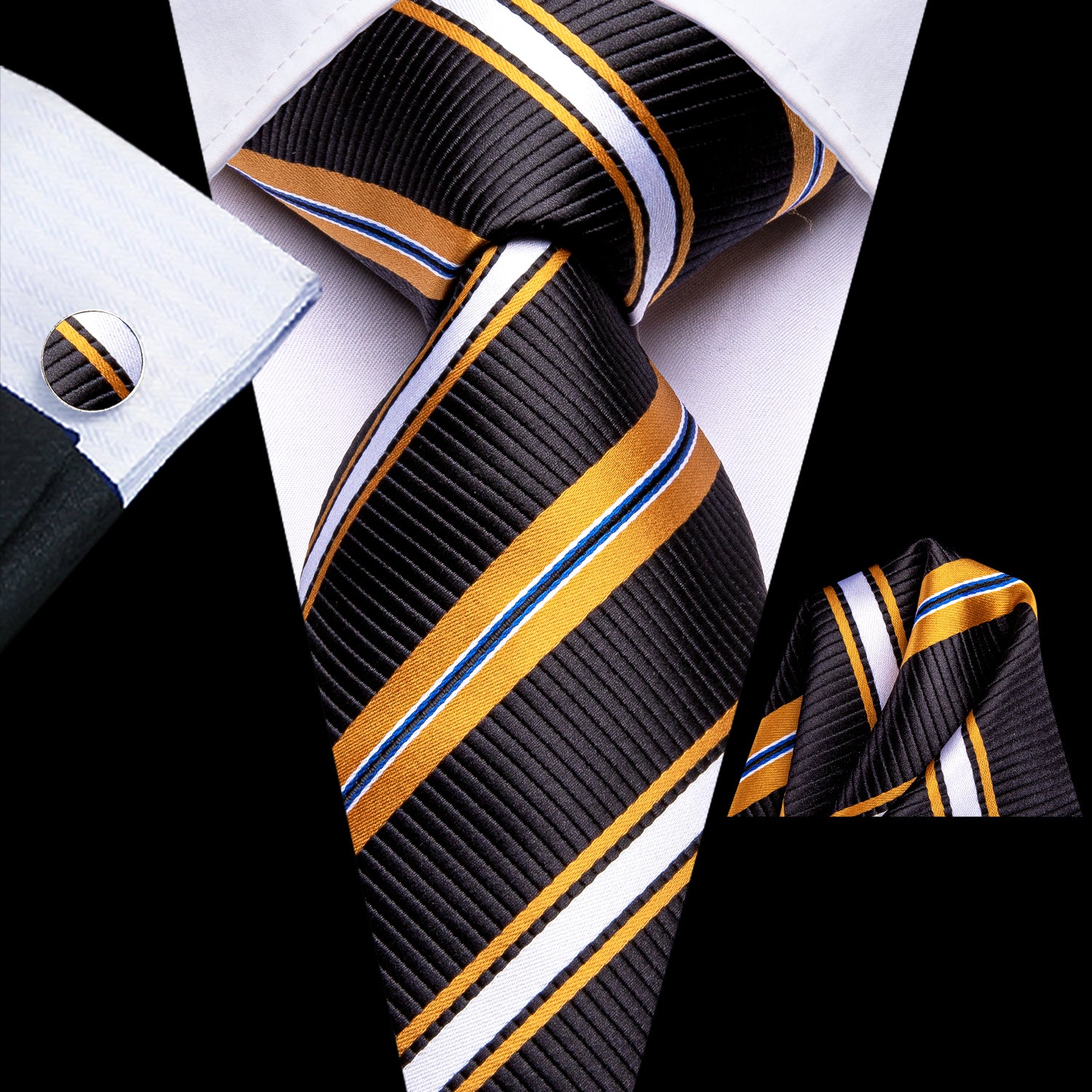 Black Yellow White Striped Tie Pocket Square Cufflinks Set